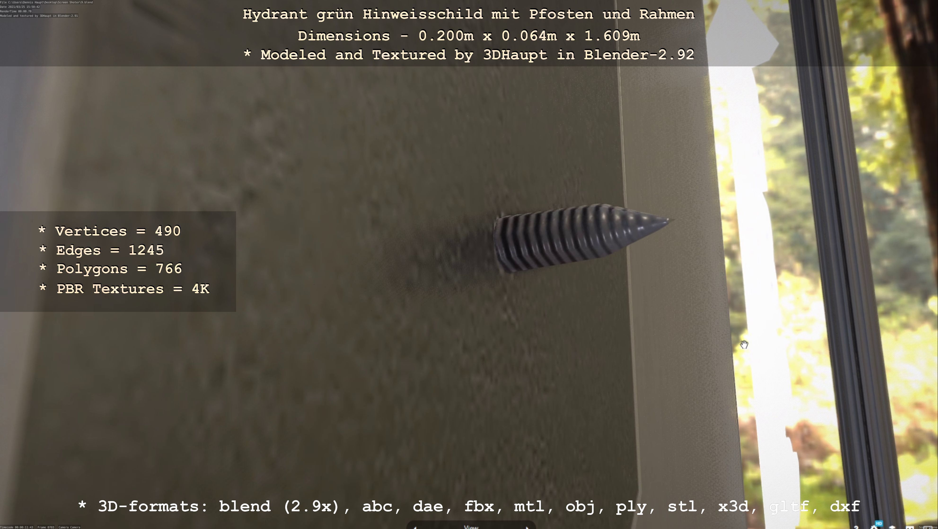 Hinweisschild Hydrant Gruen mit Pfosten und Rahmen Low-poly 3D model_97