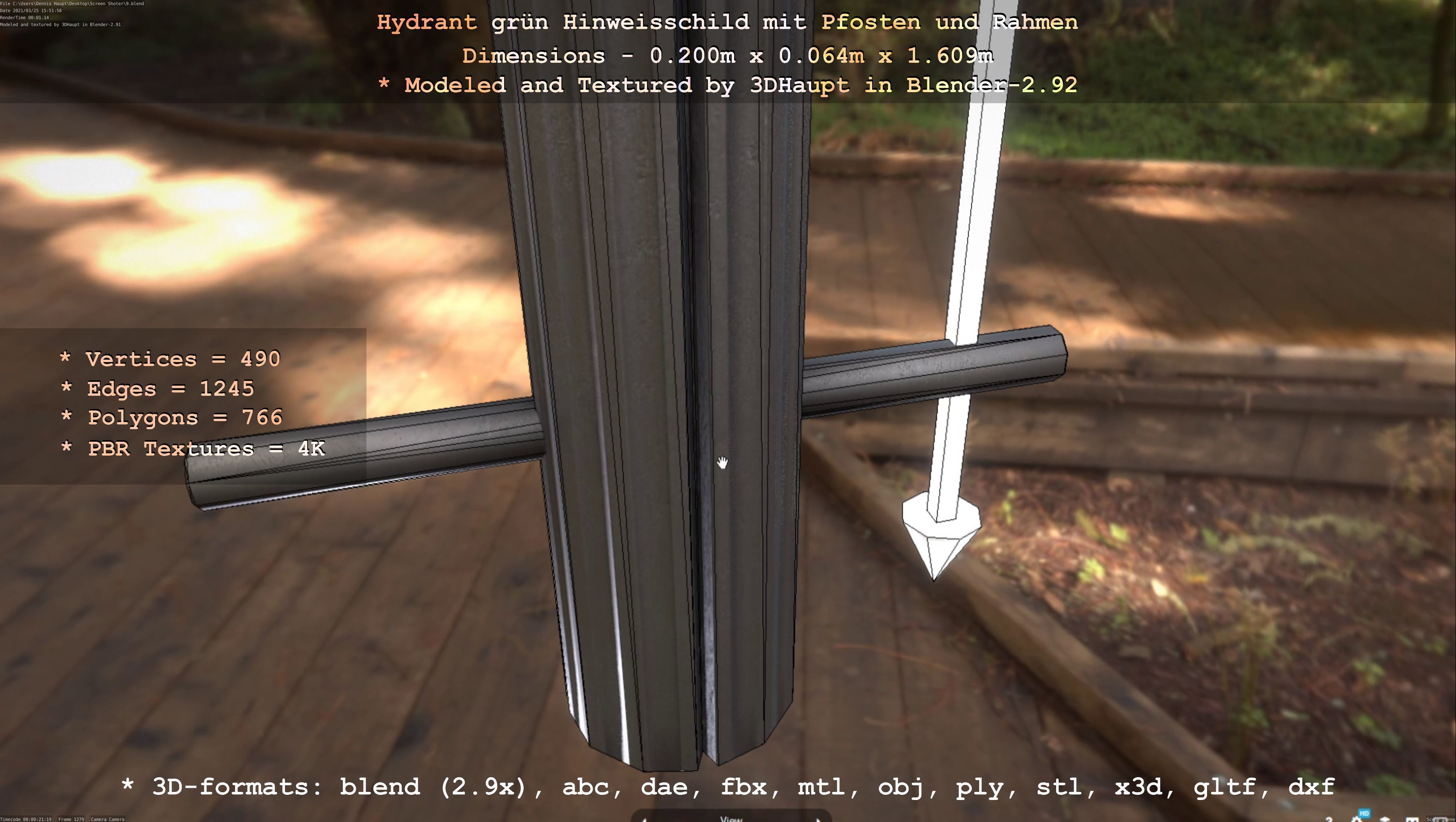 Hinweisschild Hydrant Gruen mit Pfosten und Rahmen Low-poly 3D model_54