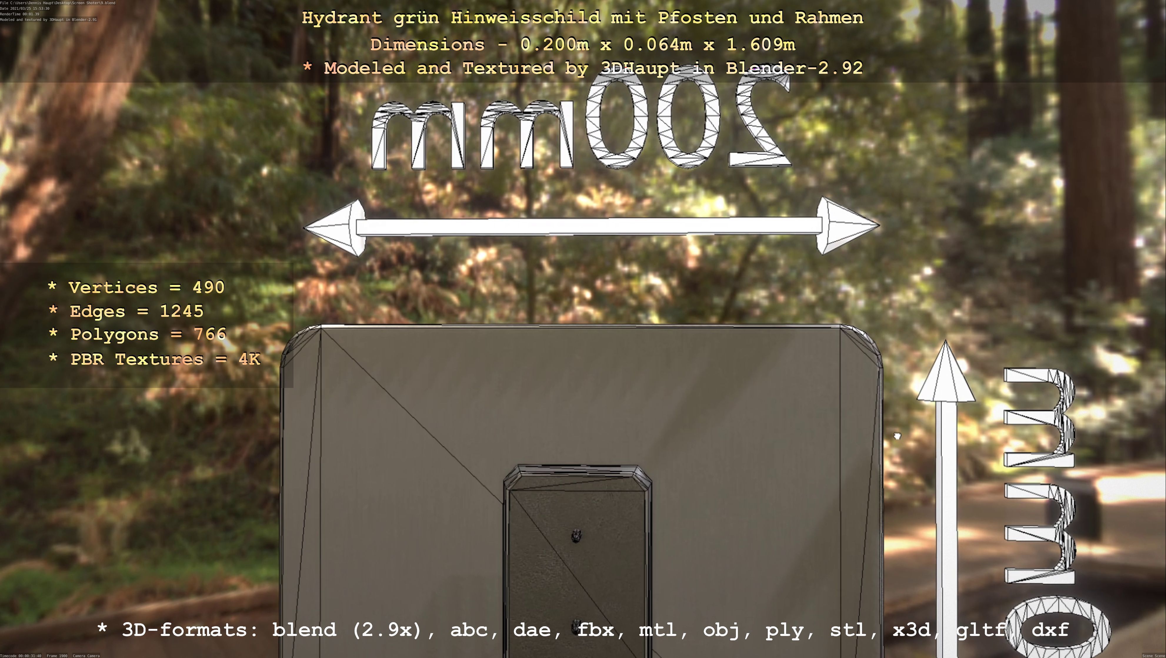 Hinweisschild Hydrant Gruen mit Pfosten und Rahmen Low-poly 3D model_22