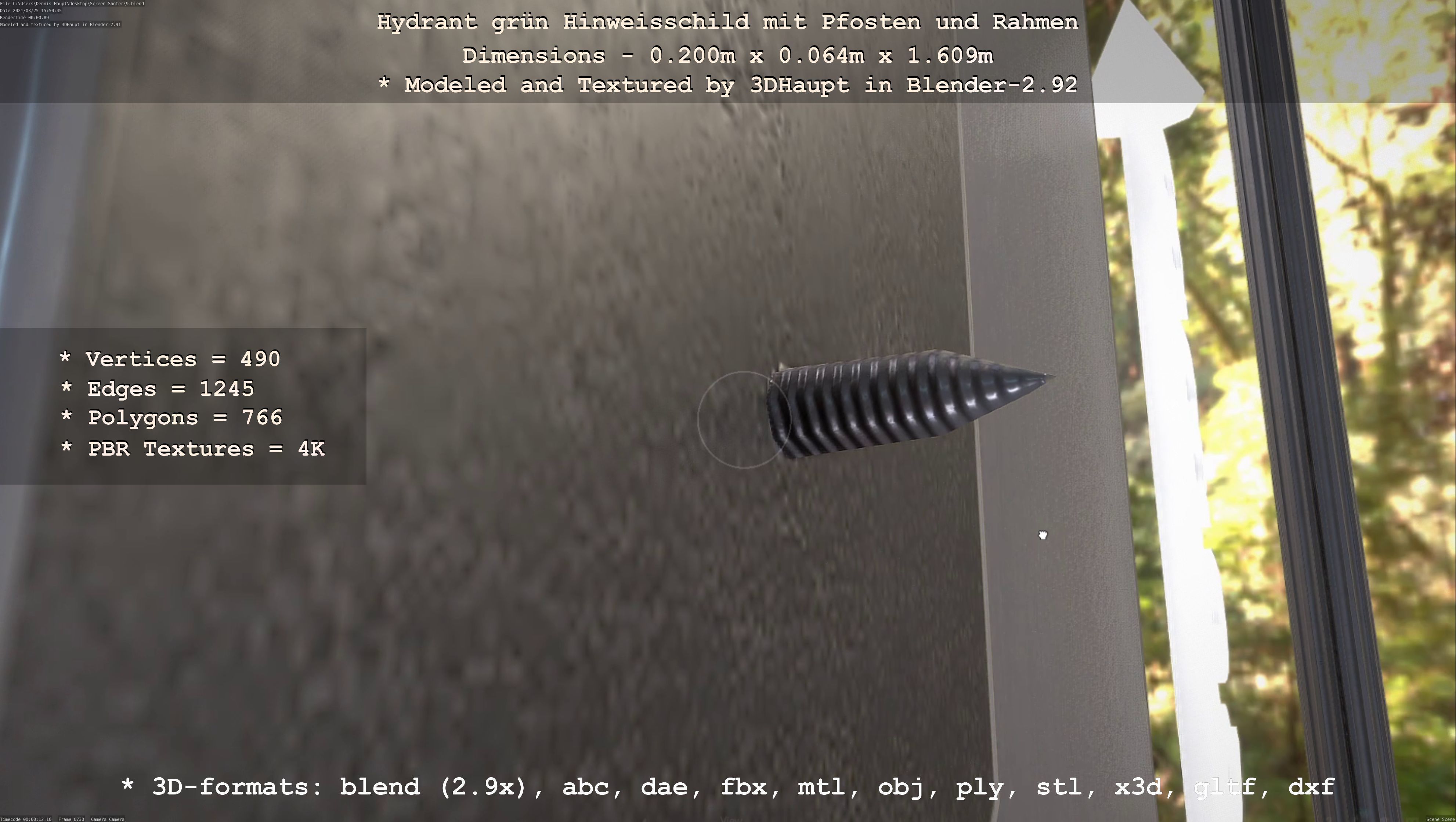 Hinweisschild Hydrant Gruen mit Pfosten und Rahmen Low-poly 3D model_12