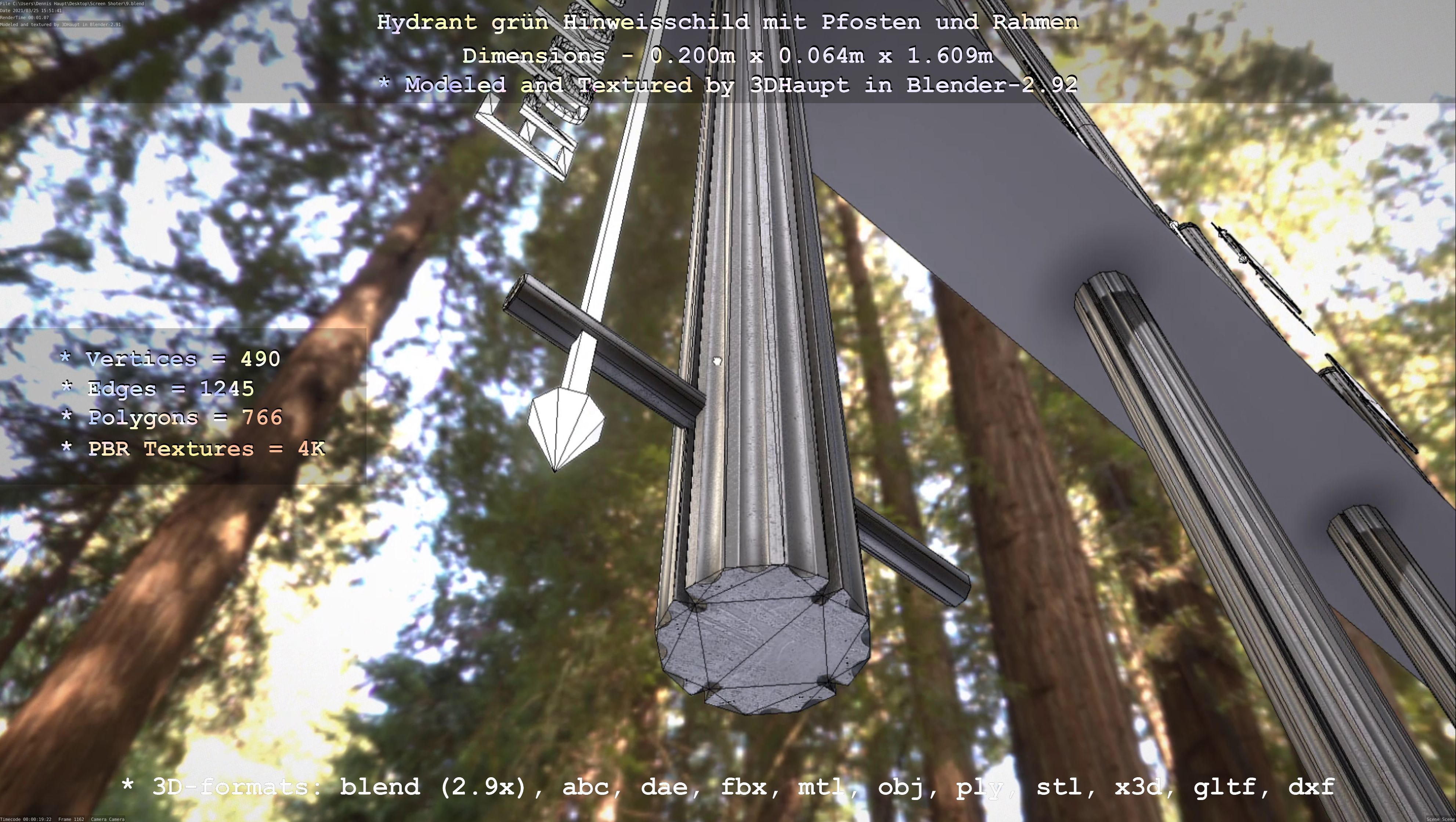 Hinweisschild Hydrant Gruen mit Pfosten und Rahmen Low-poly 3D model_3