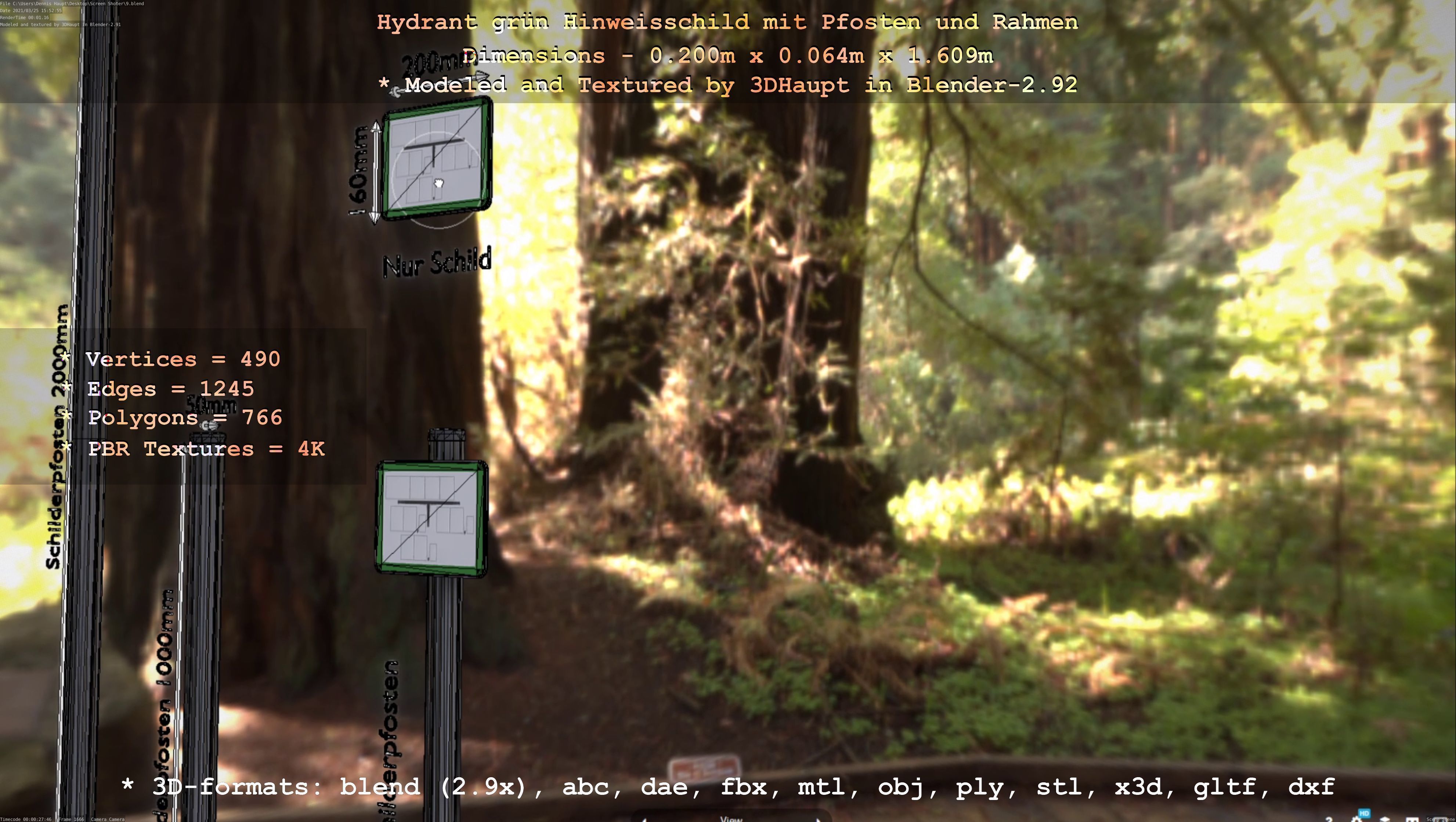 Hinweisschild Hydrant Gruen mit Pfosten und Rahmen Low-poly 3D model_65