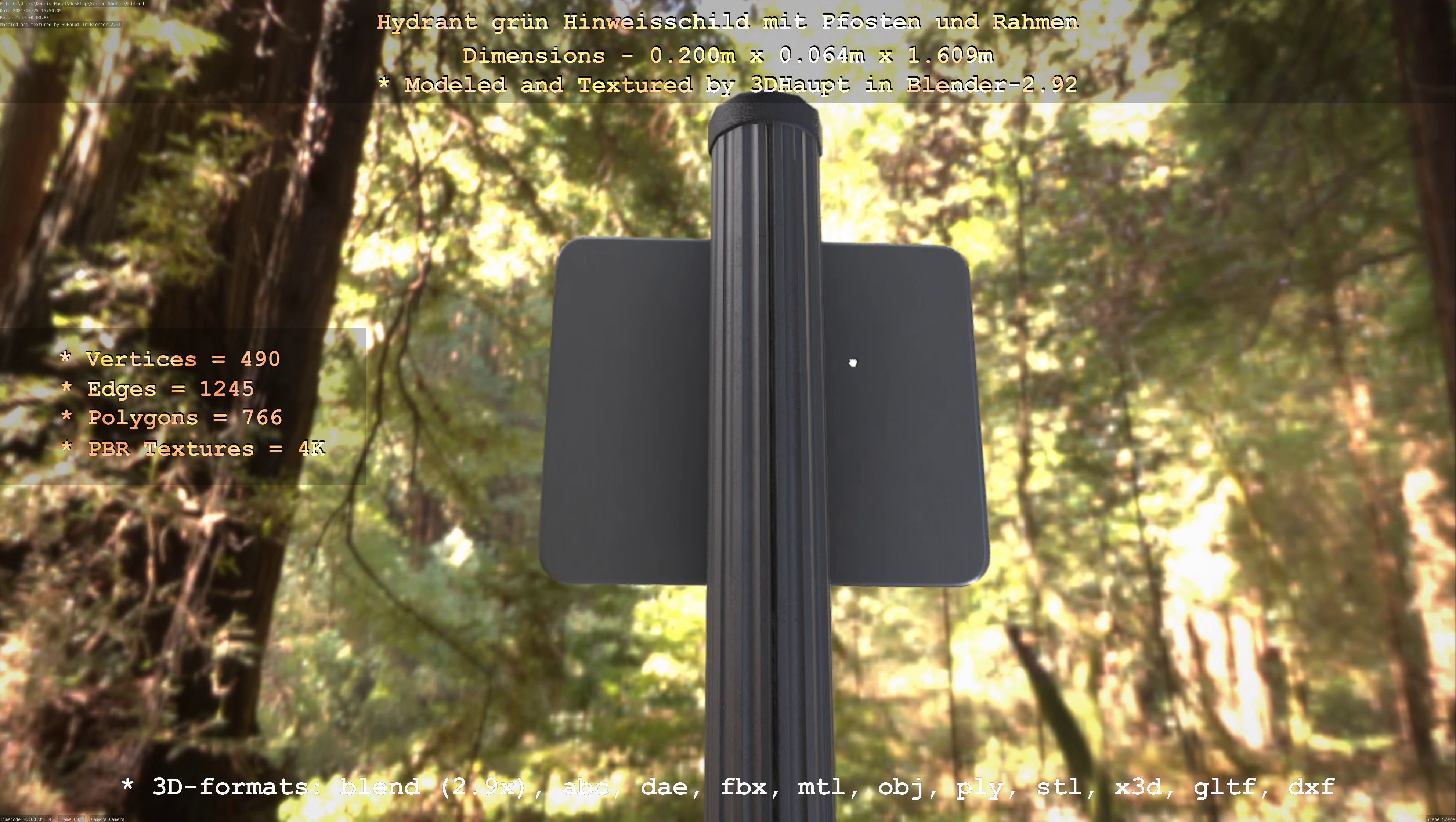 Hinweisschild Hydrant Gruen mit Pfosten und Rahmen Low-poly 3D model_33