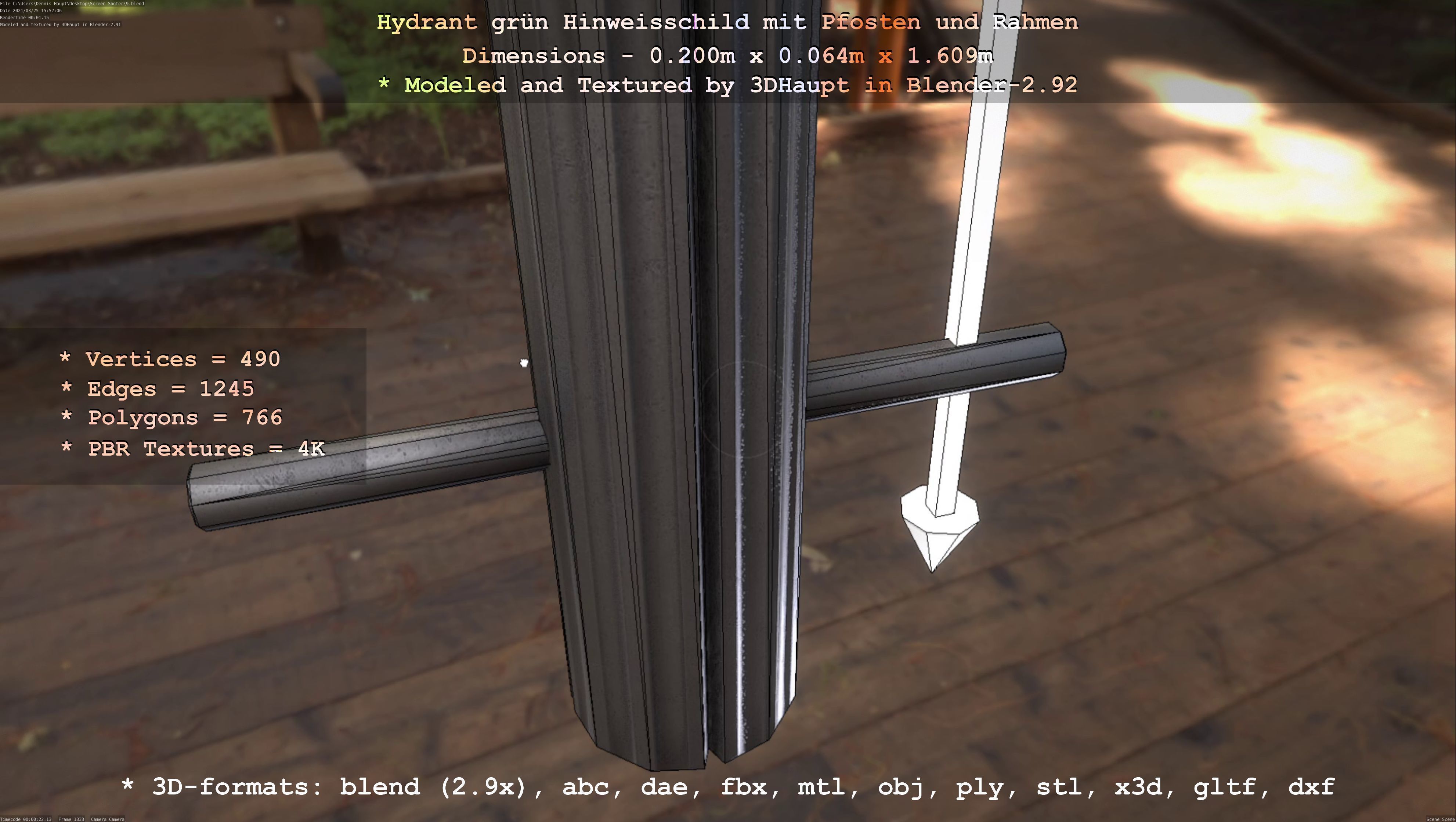 Hinweisschild Hydrant Gruen mit Pfosten und Rahmen Low-poly 3D model_67