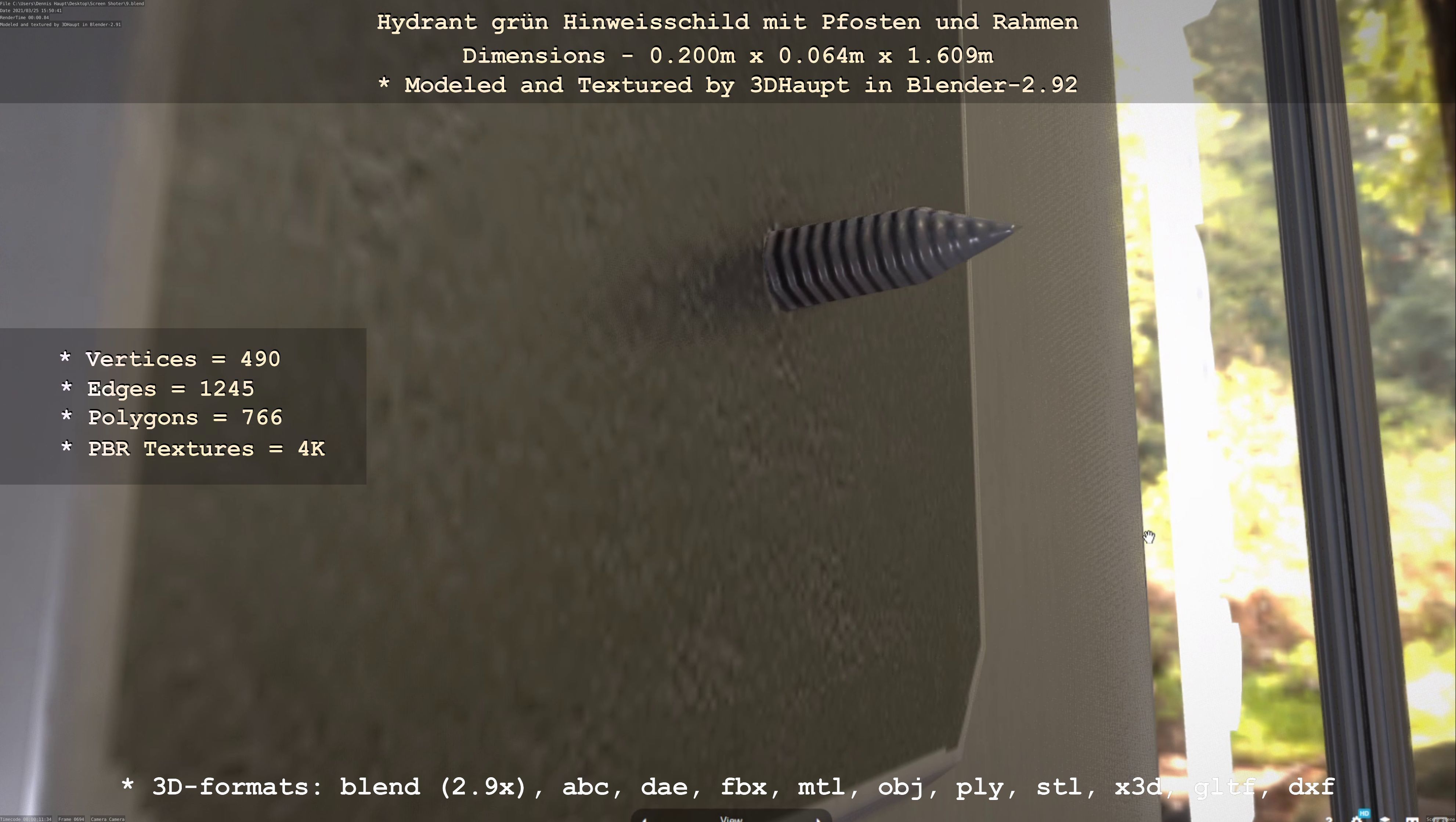 Hinweisschild Hydrant Gruen mit Pfosten und Rahmen Low-poly 3D model_104