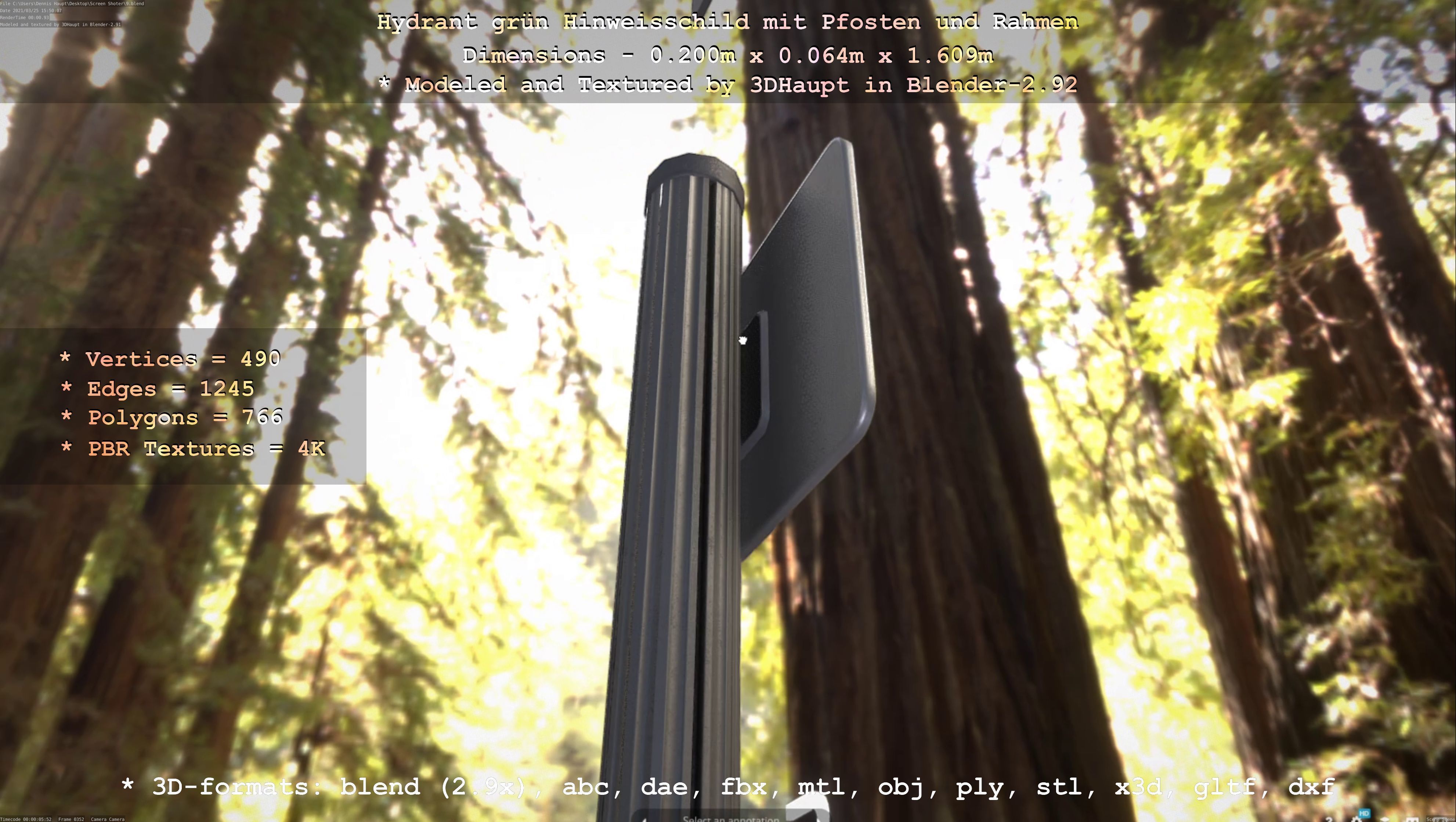 Hinweisschild Hydrant Gruen mit Pfosten und Rahmen Low-poly 3D model_89