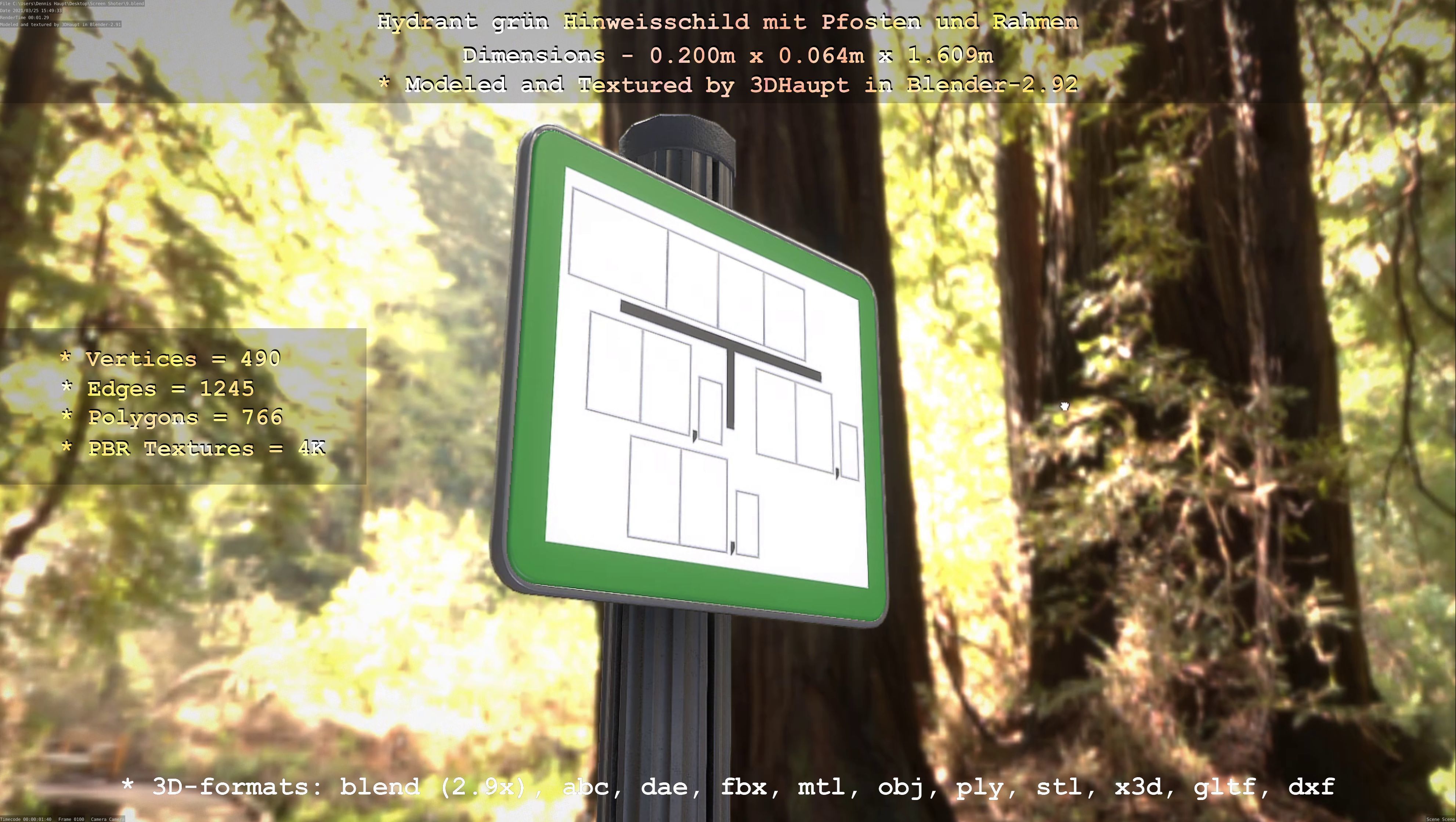 Hinweisschild Hydrant Gruen mit Pfosten und Rahmen Low-poly 3D model_73