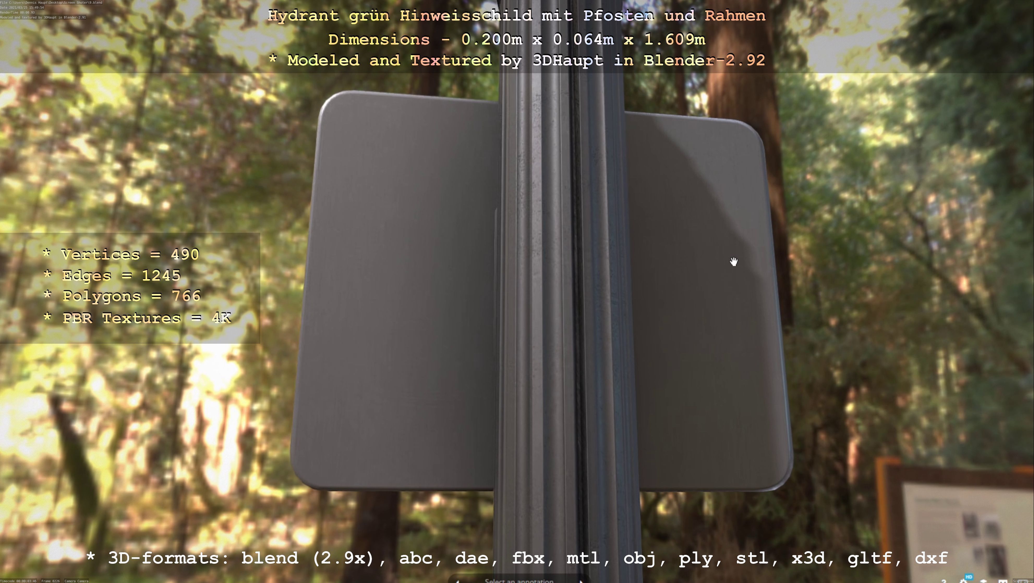 Hinweisschild Hydrant Gruen mit Pfosten und Rahmen Low-poly 3D model_19