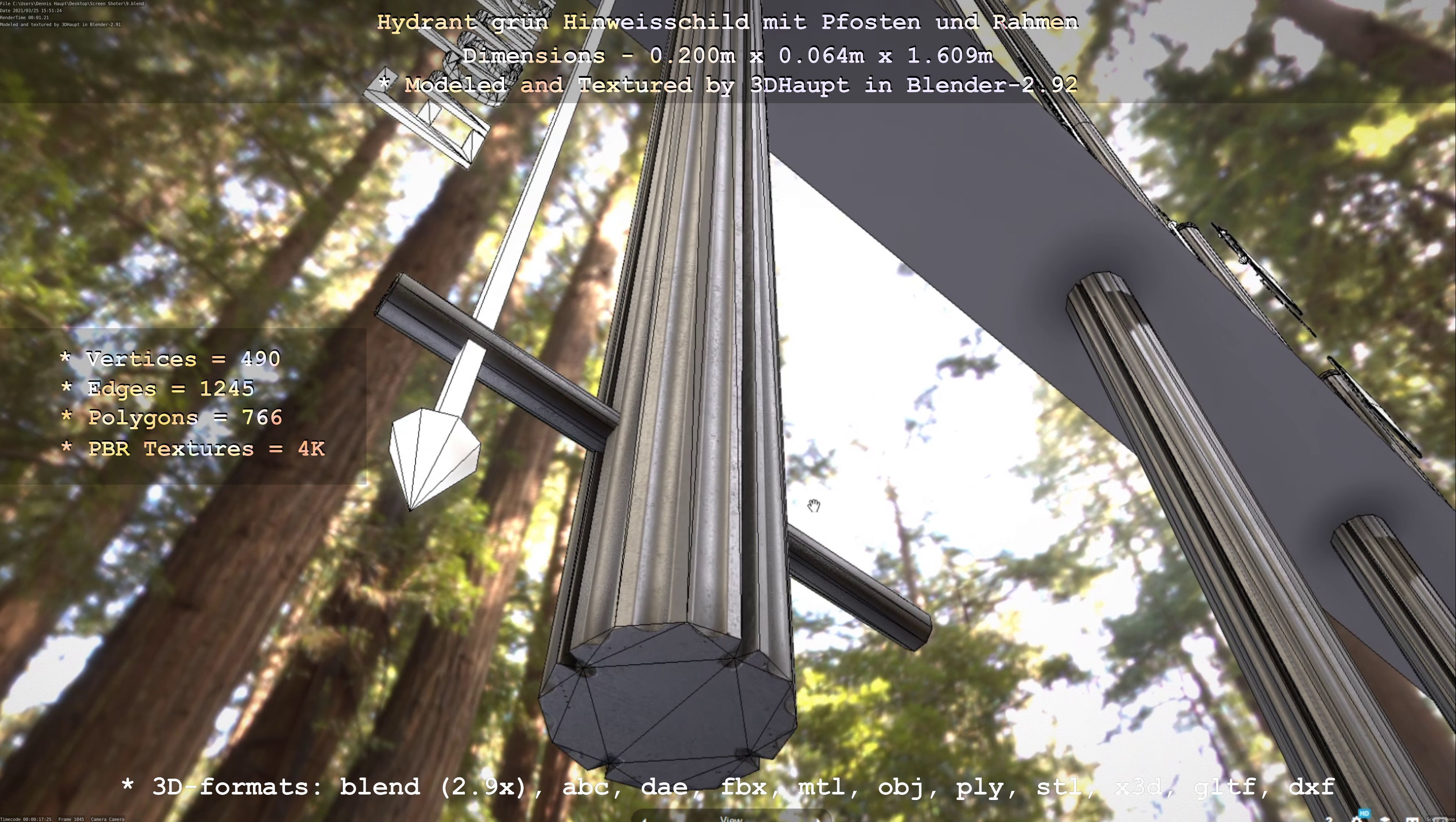 Hinweisschild Hydrant Gruen mit Pfosten und Rahmen Low-poly 3D model_113