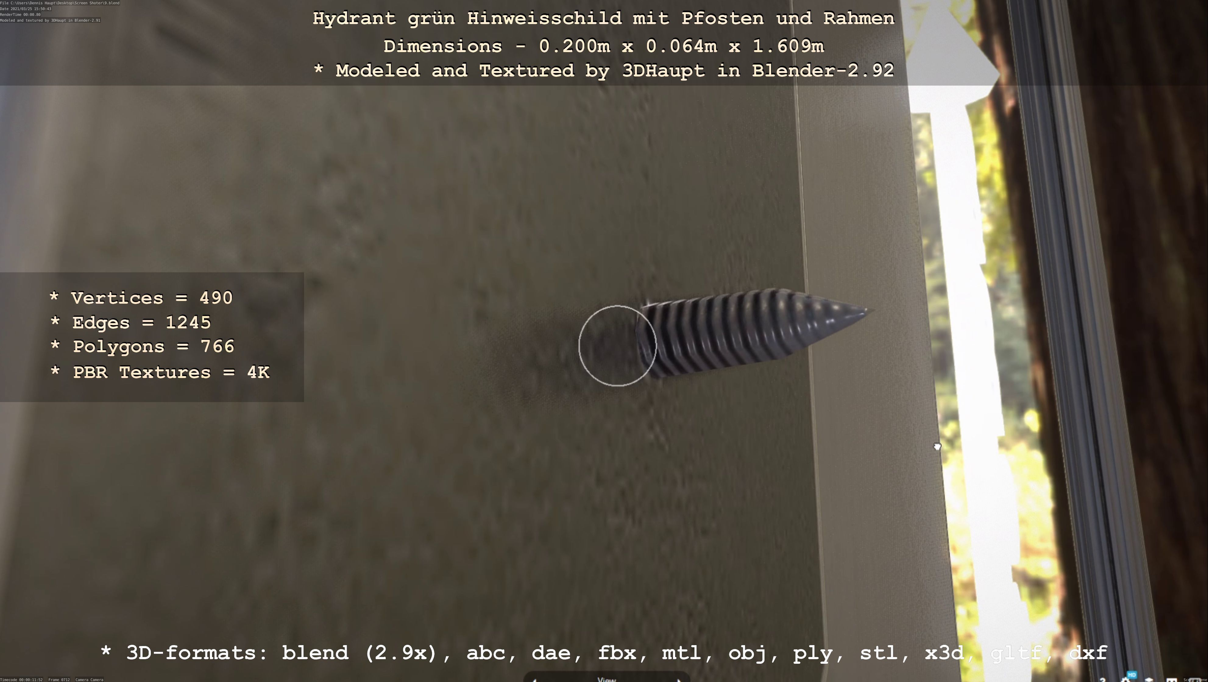 Hinweisschild Hydrant Gruen mit Pfosten und Rahmen Low-poly 3D model_98