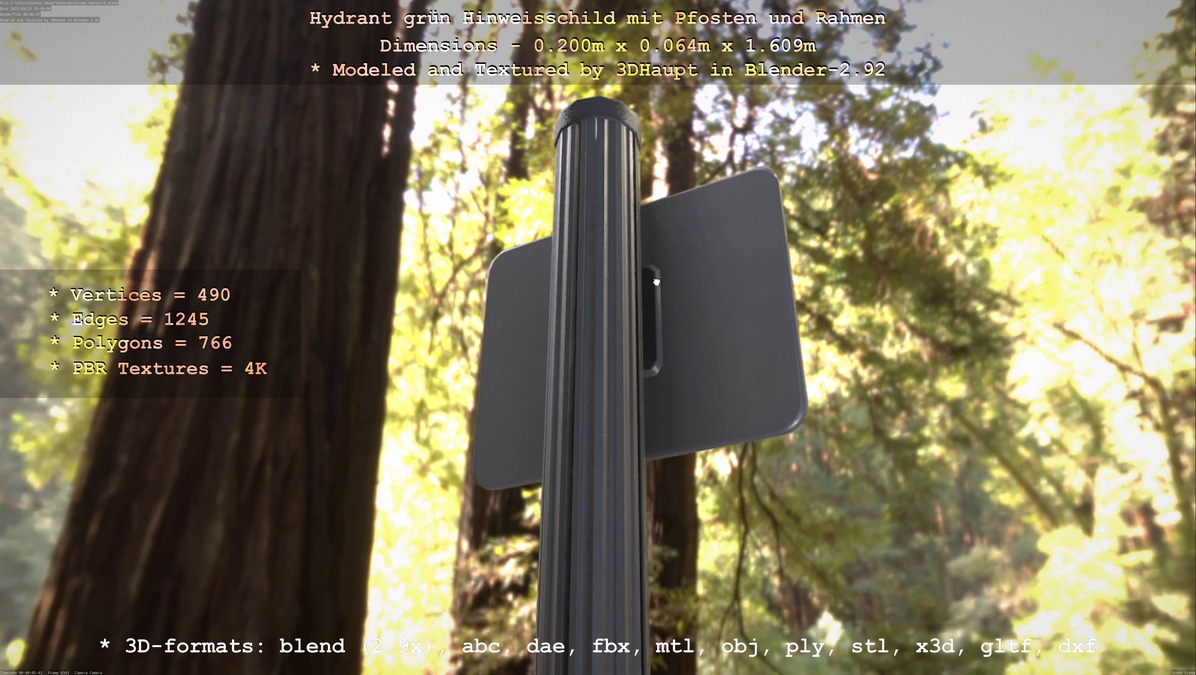 Hinweisschild Hydrant Gruen mit Pfosten und Rahmen Low-poly 3D model_85