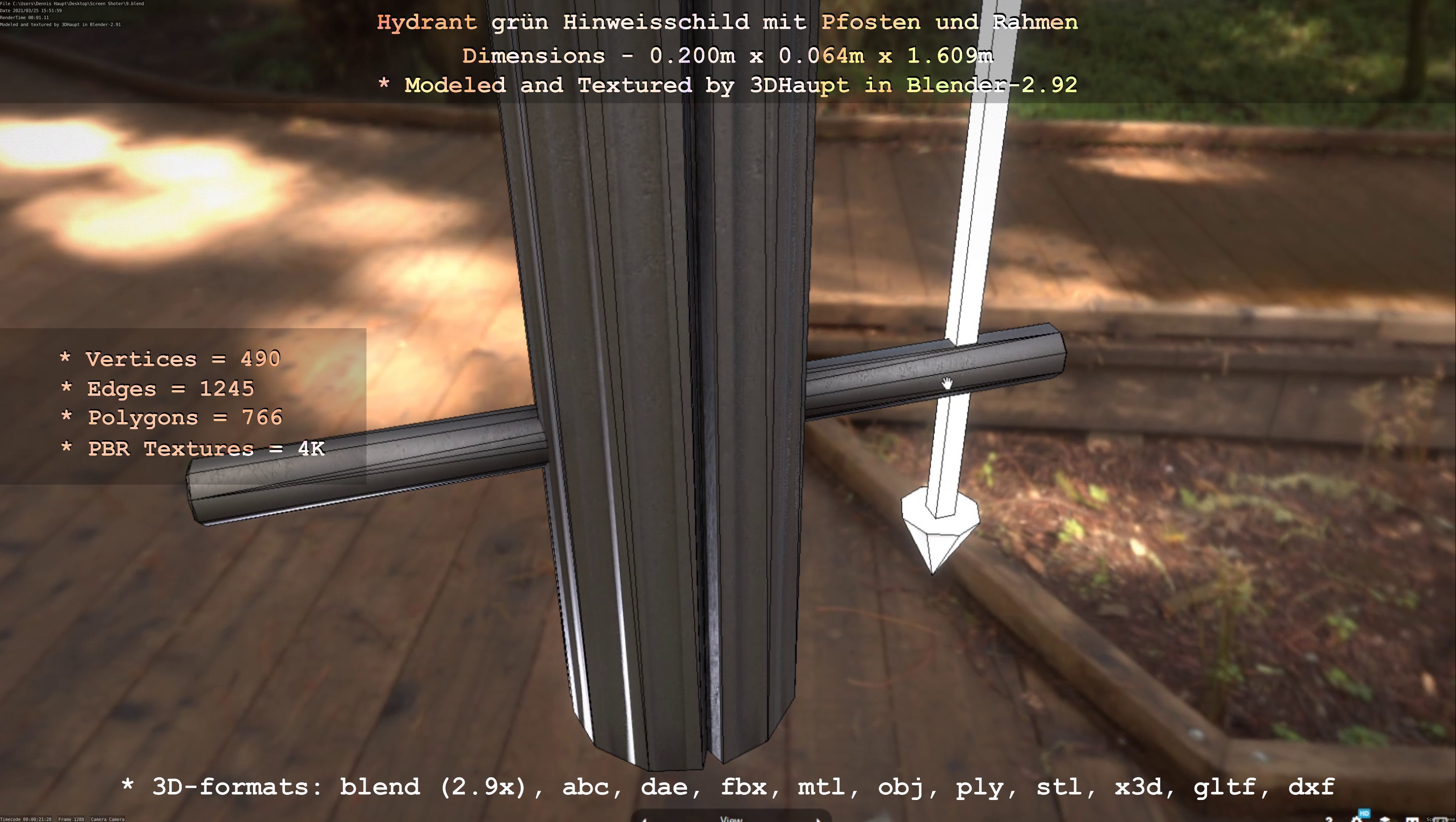 Hinweisschild Hydrant Gruen mit Pfosten und Rahmen Low-poly 3D model_15