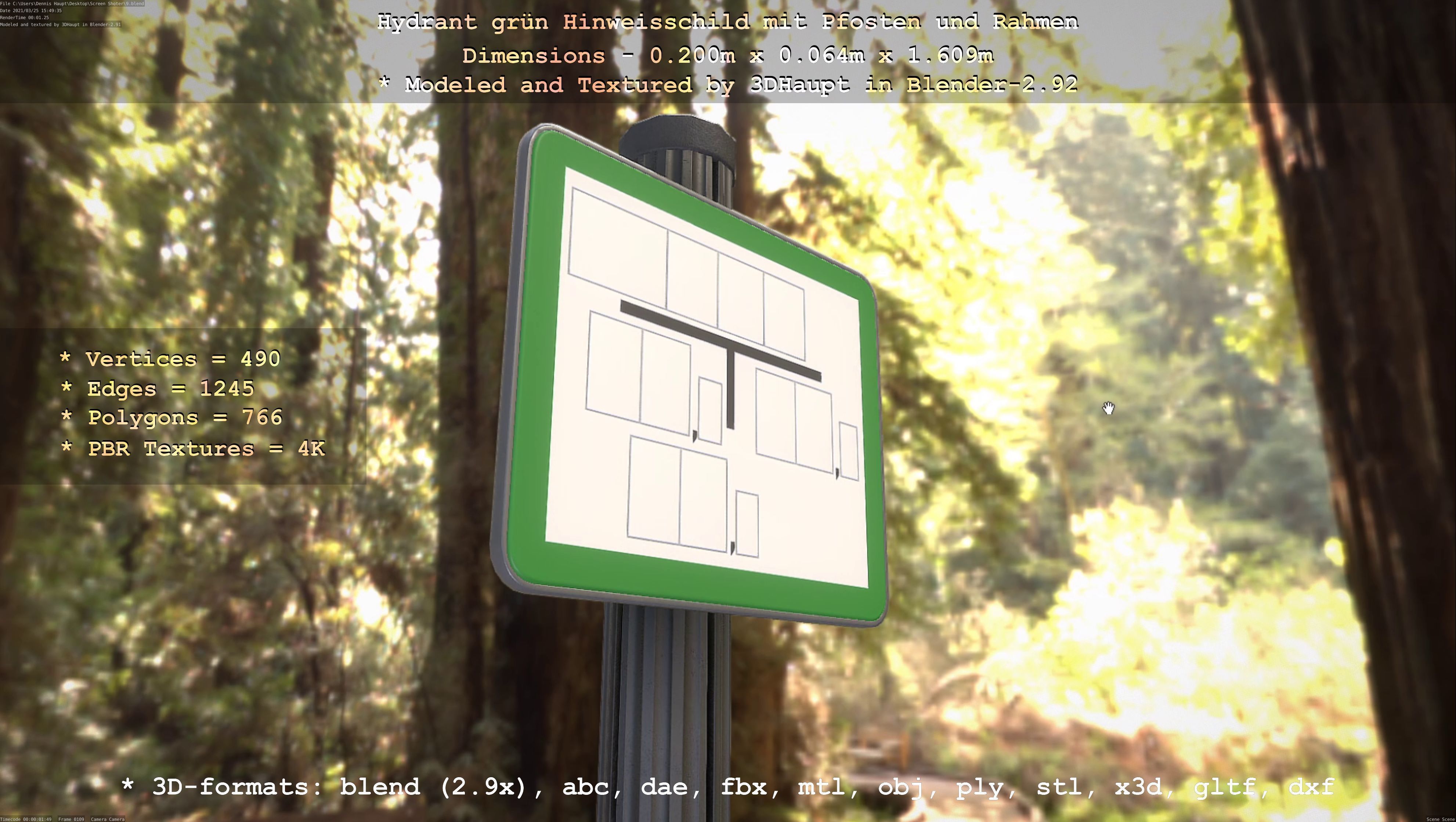 Hinweisschild Hydrant Gruen mit Pfosten und Rahmen Low-poly 3D model_79