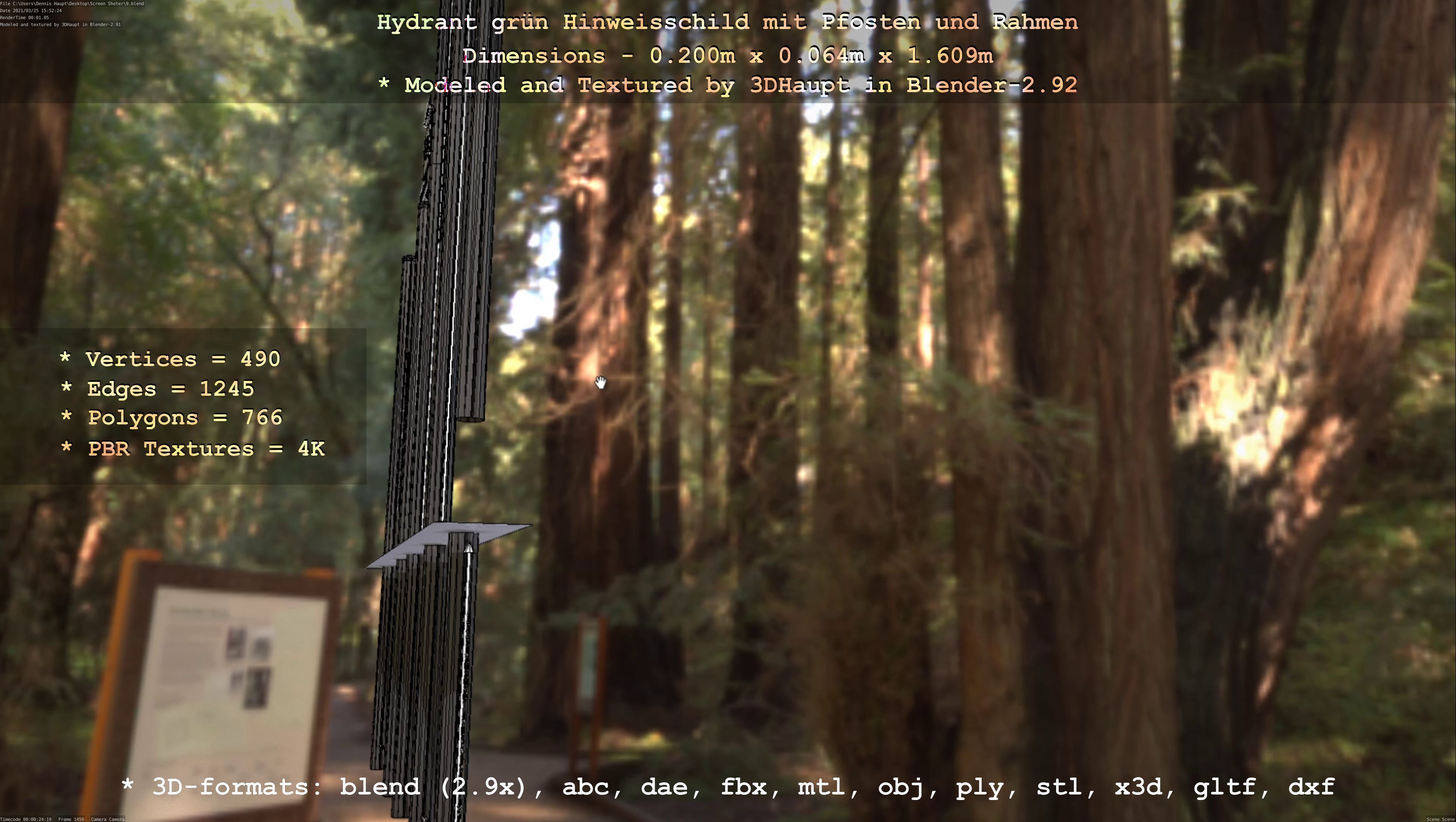 Hinweisschild Hydrant Gruen mit Pfosten und Rahmen Low-poly 3D model_70