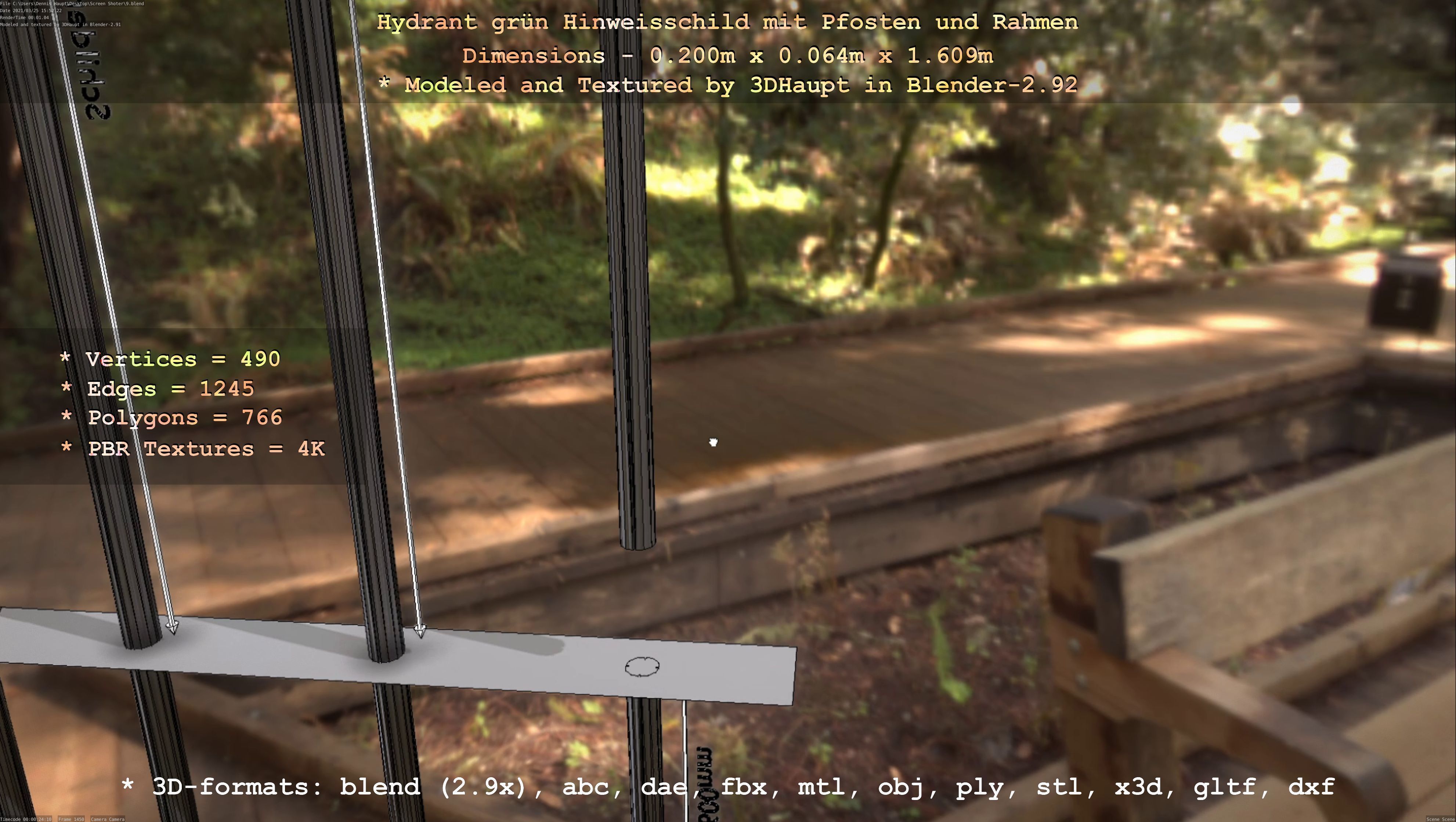 Hinweisschild Hydrant Gruen mit Pfosten und Rahmen Low-poly 3D model_16