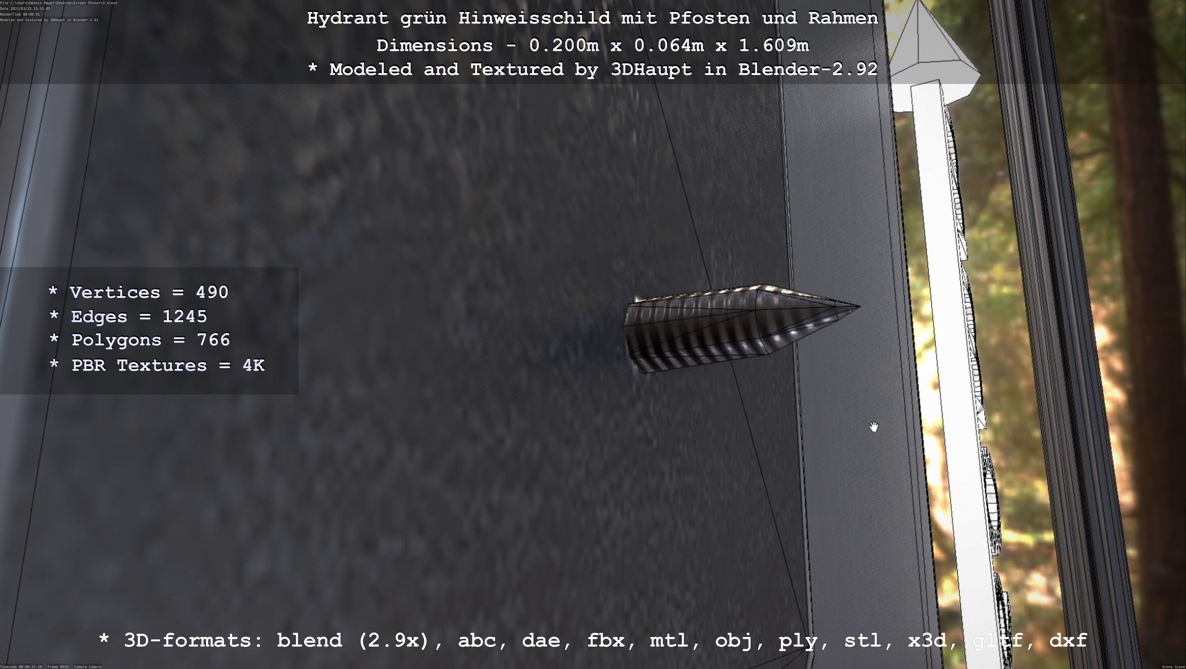 Hinweisschild Hydrant Gruen mit Pfosten und Rahmen Low-poly 3D model_108