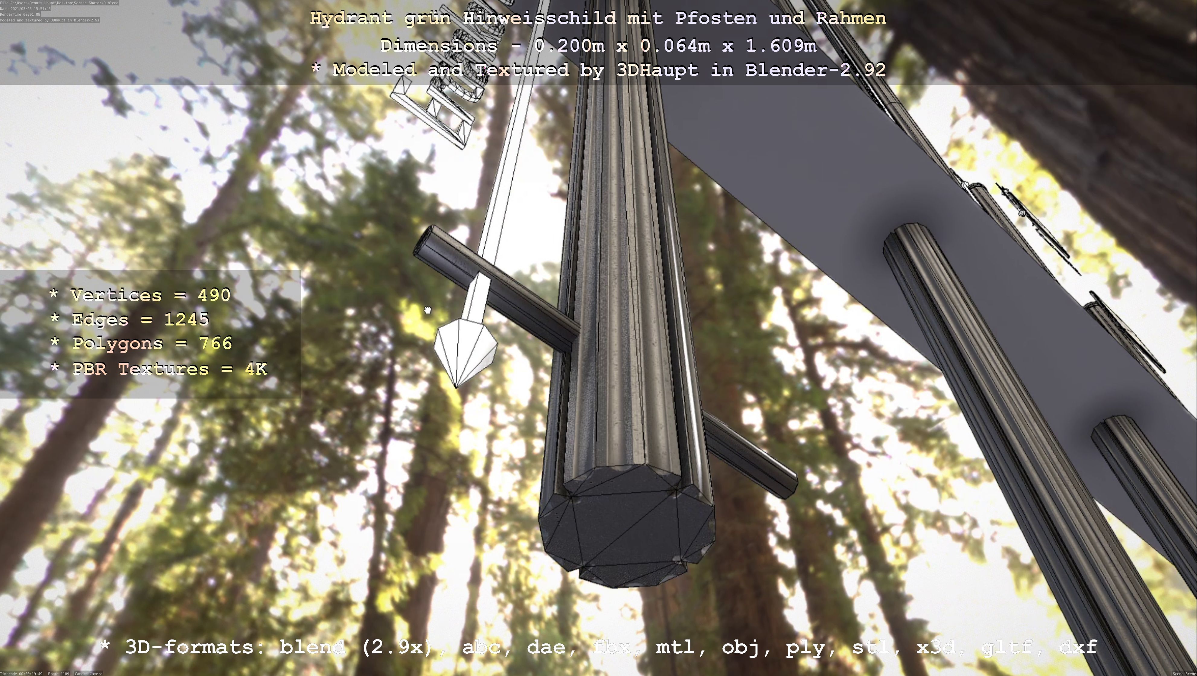 Hinweisschild Hydrant Gruen mit Pfosten und Rahmen Low-poly 3D model_121