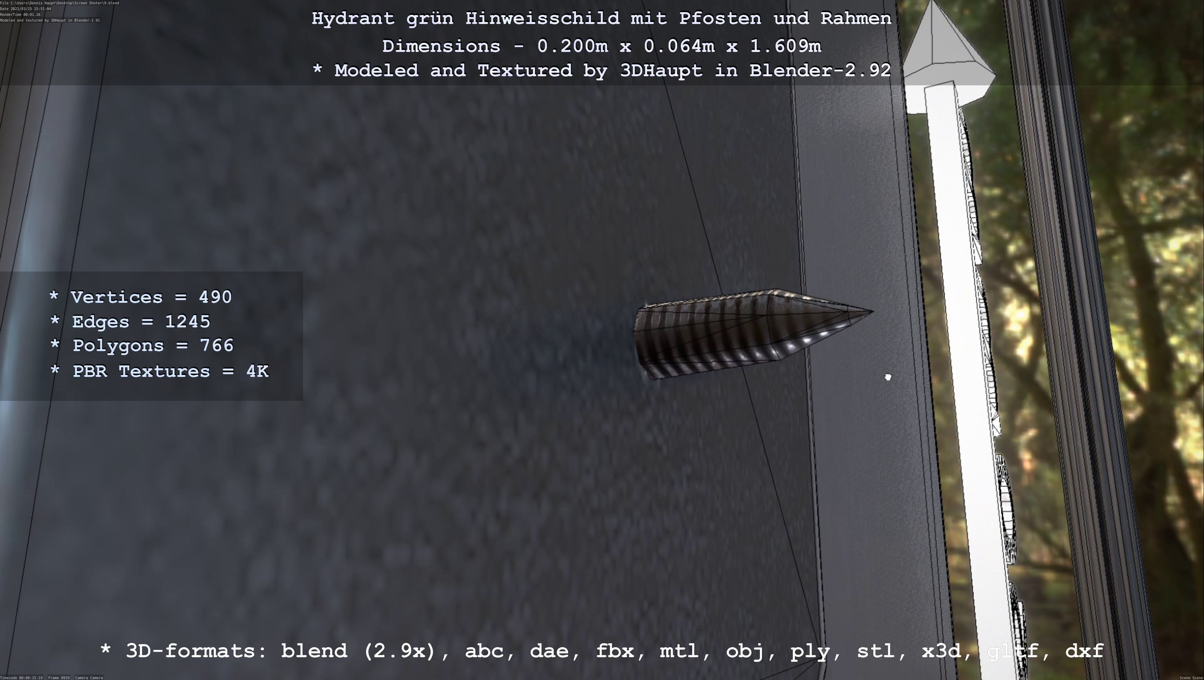 Hinweisschild Hydrant Gruen mit Pfosten und Rahmen Low-poly 3D model_109