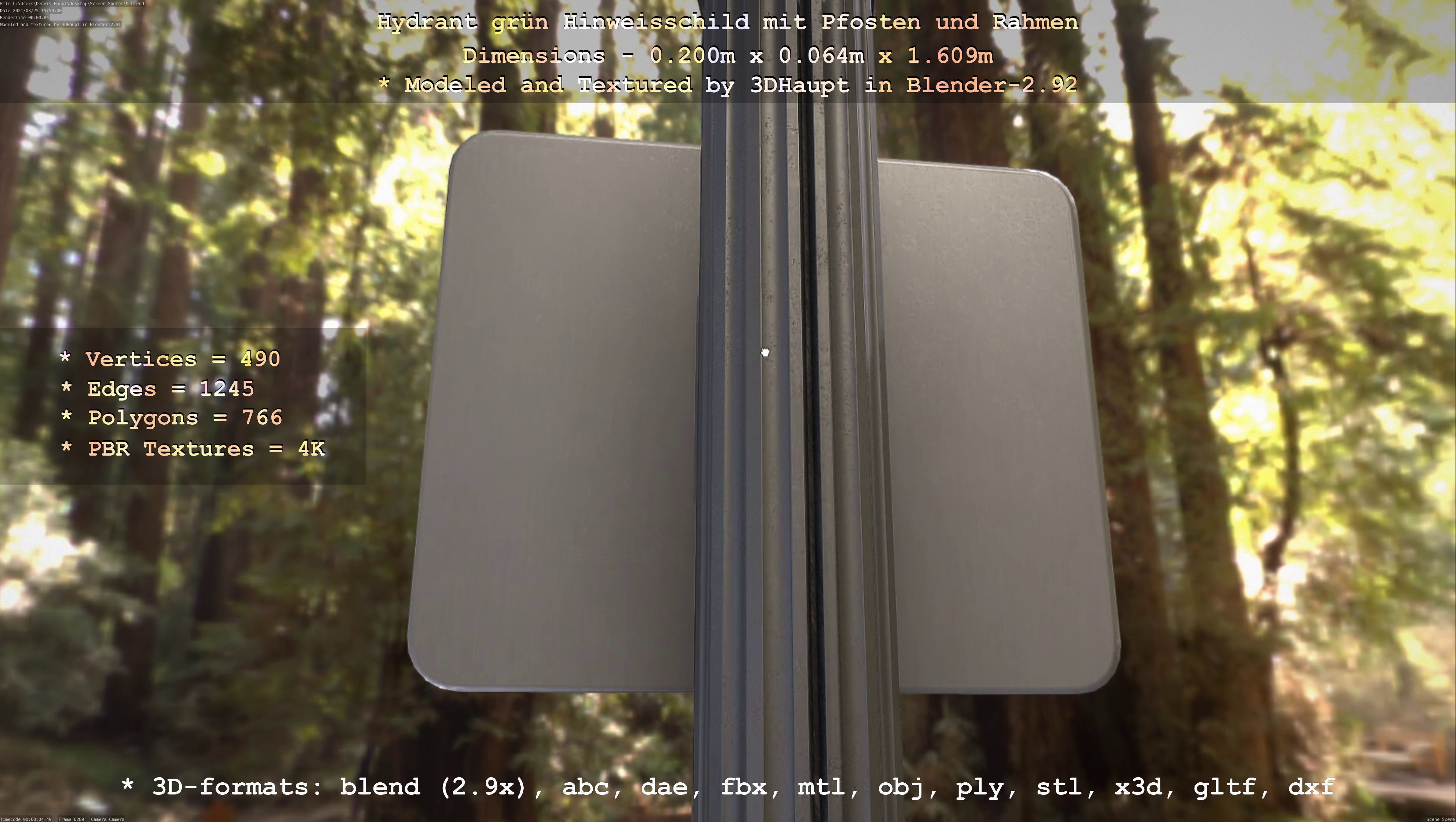 Hinweisschild Hydrant Gruen mit Pfosten und Rahmen Low-poly 3D model_122