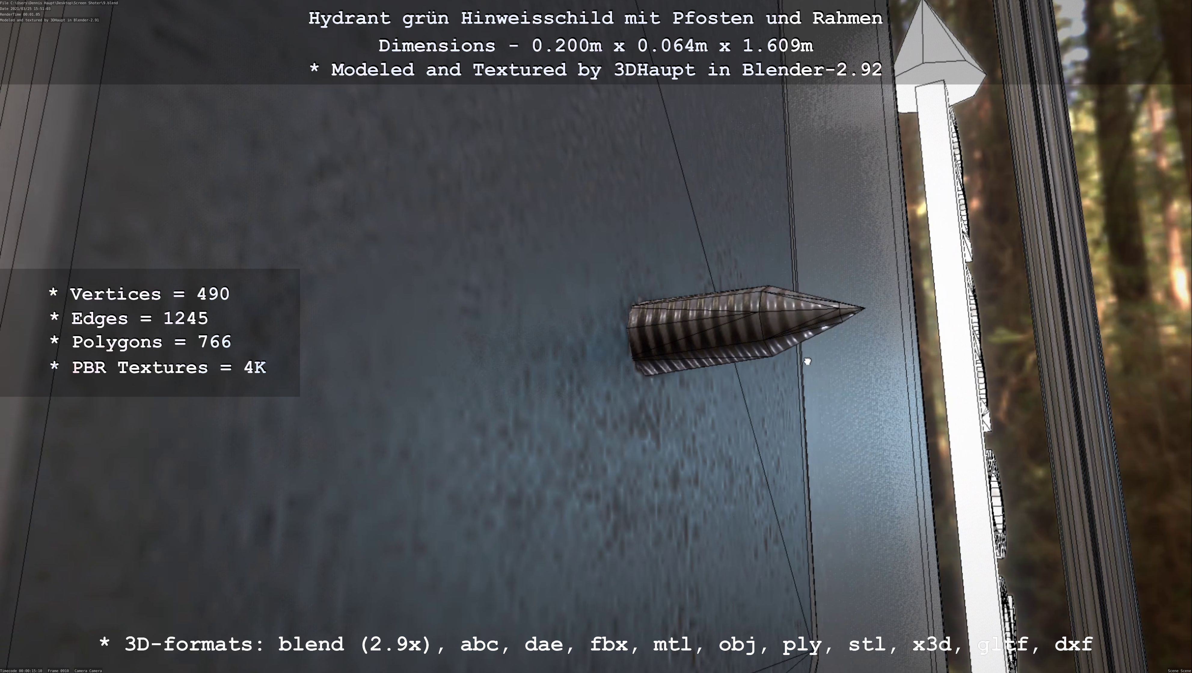 Hinweisschild Hydrant Gruen mit Pfosten und Rahmen Low-poly 3D model_106