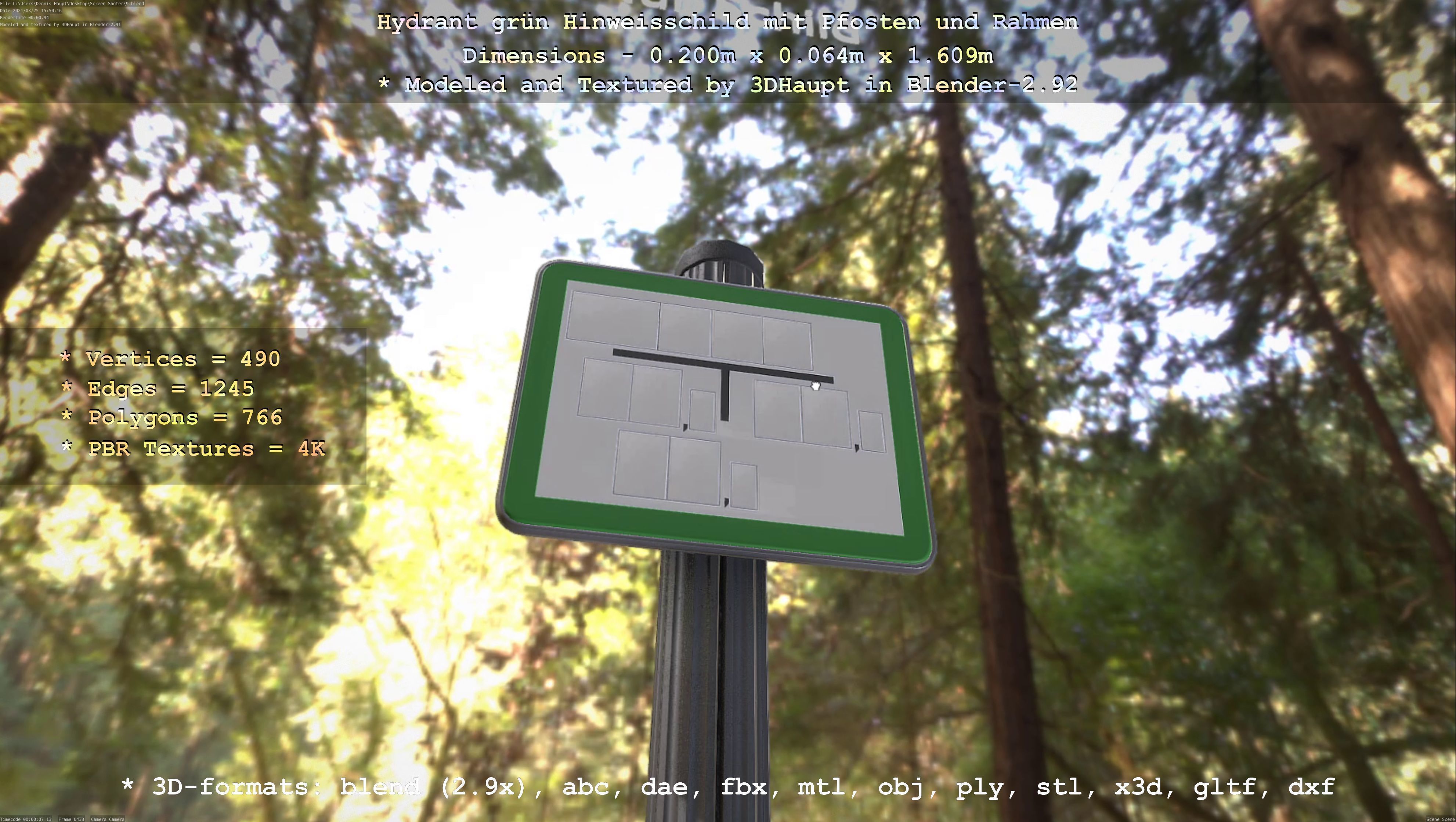 Hinweisschild Hydrant Gruen mit Pfosten und Rahmen Low-poly 3D model_93