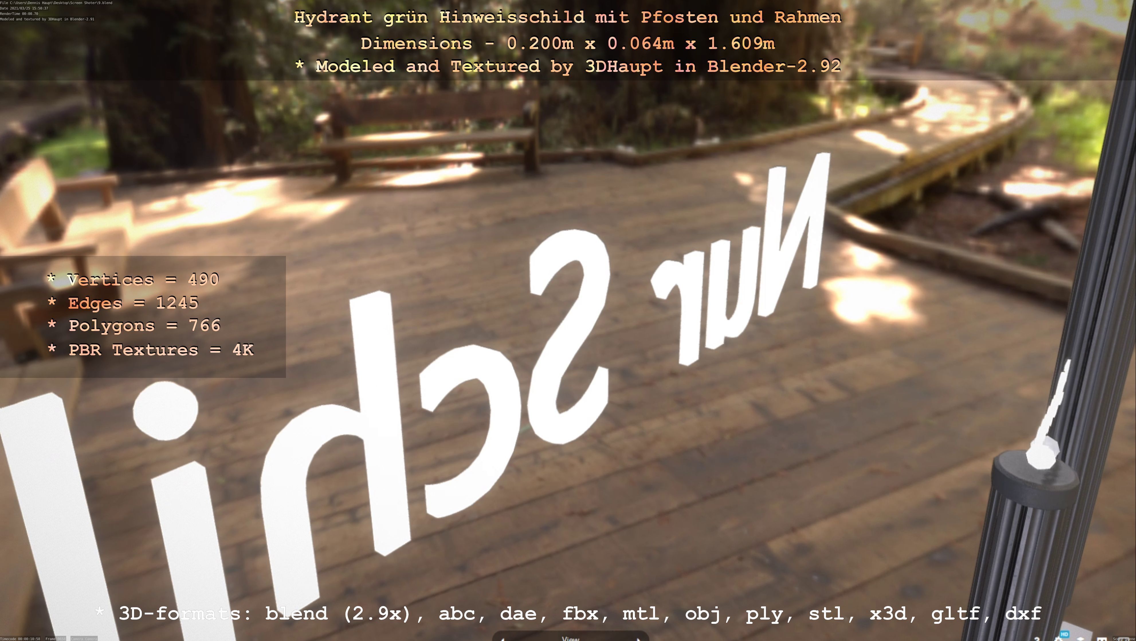 Hinweisschild Hydrant Gruen mit Pfosten und Rahmen Low-poly 3D model_95