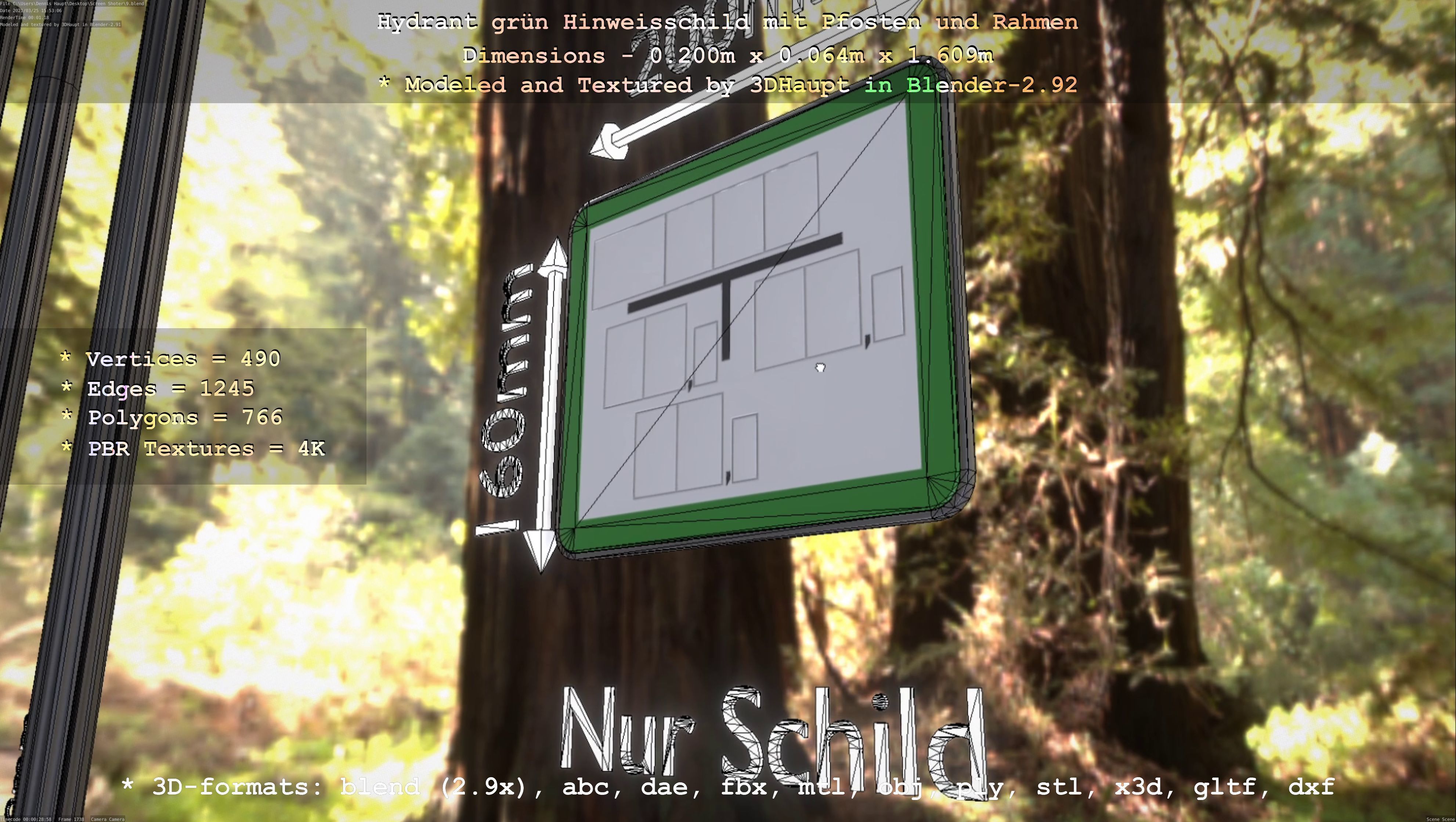 Hinweisschild Hydrant Gruen mit Pfosten und Rahmen Low-poly 3D model_59