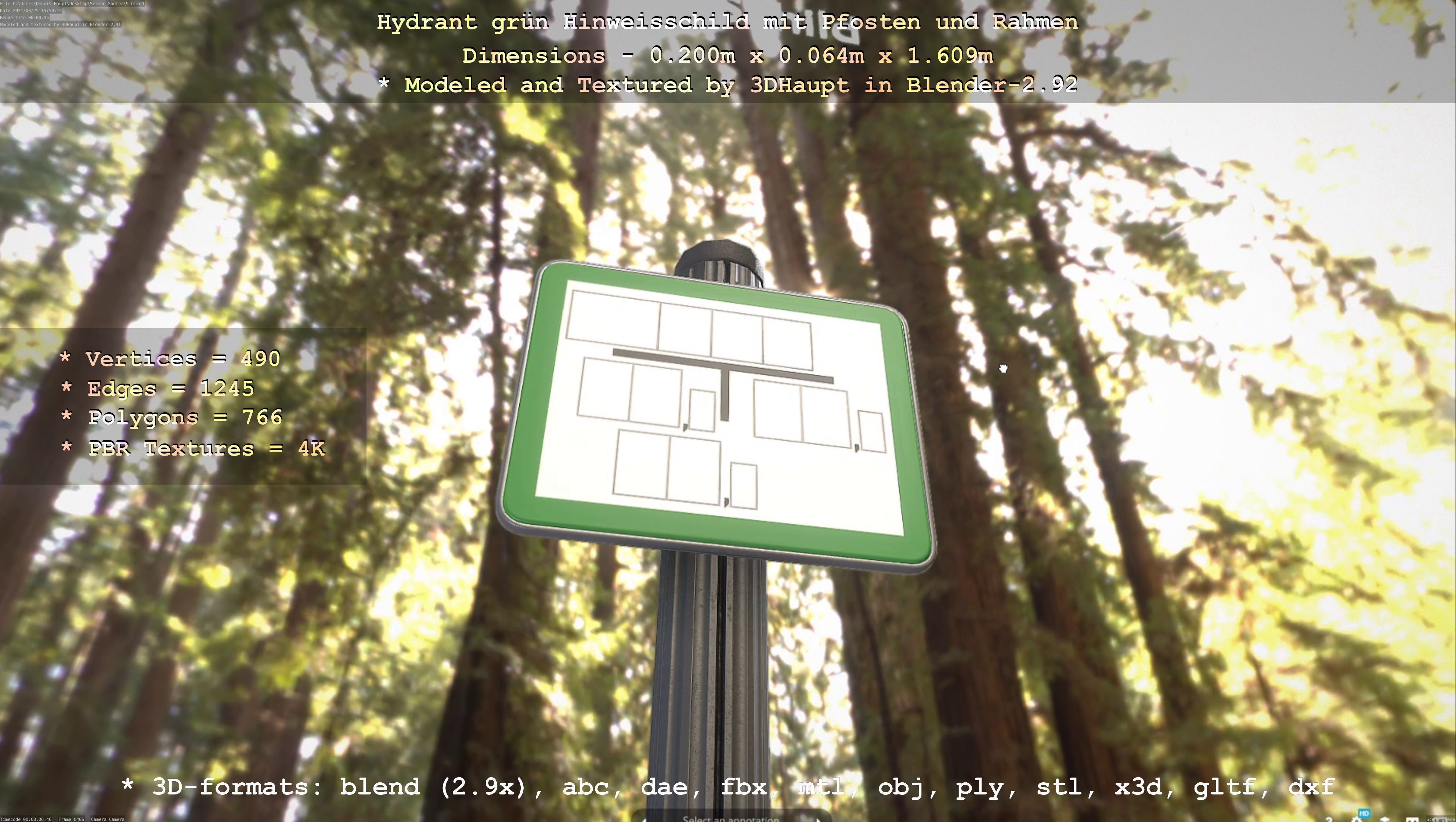 Hinweisschild Hydrant Gruen mit Pfosten und Rahmen Low-poly 3D model_34