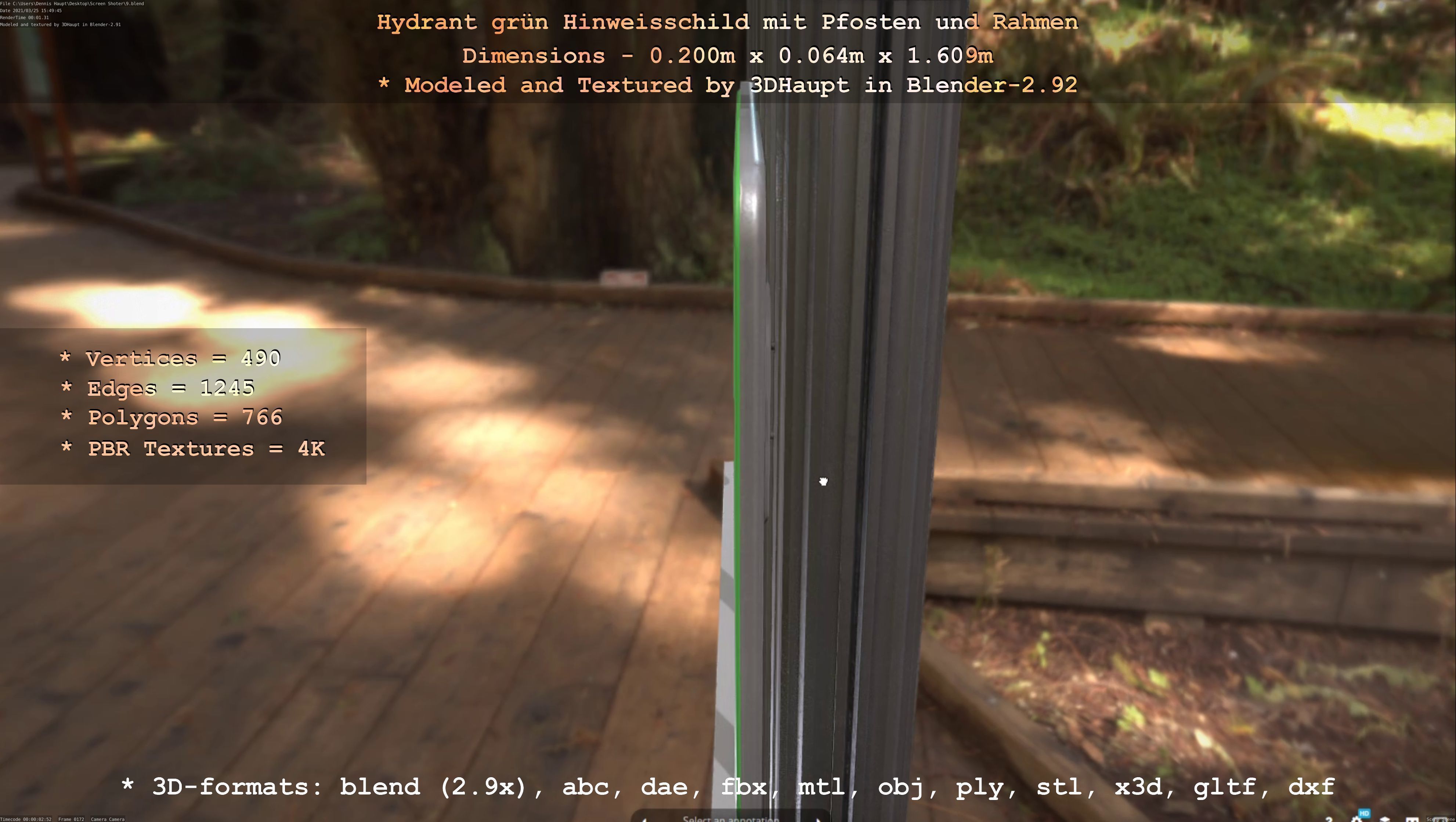 Hinweisschild Hydrant Gruen mit Pfosten und Rahmen Low-poly 3D model_11