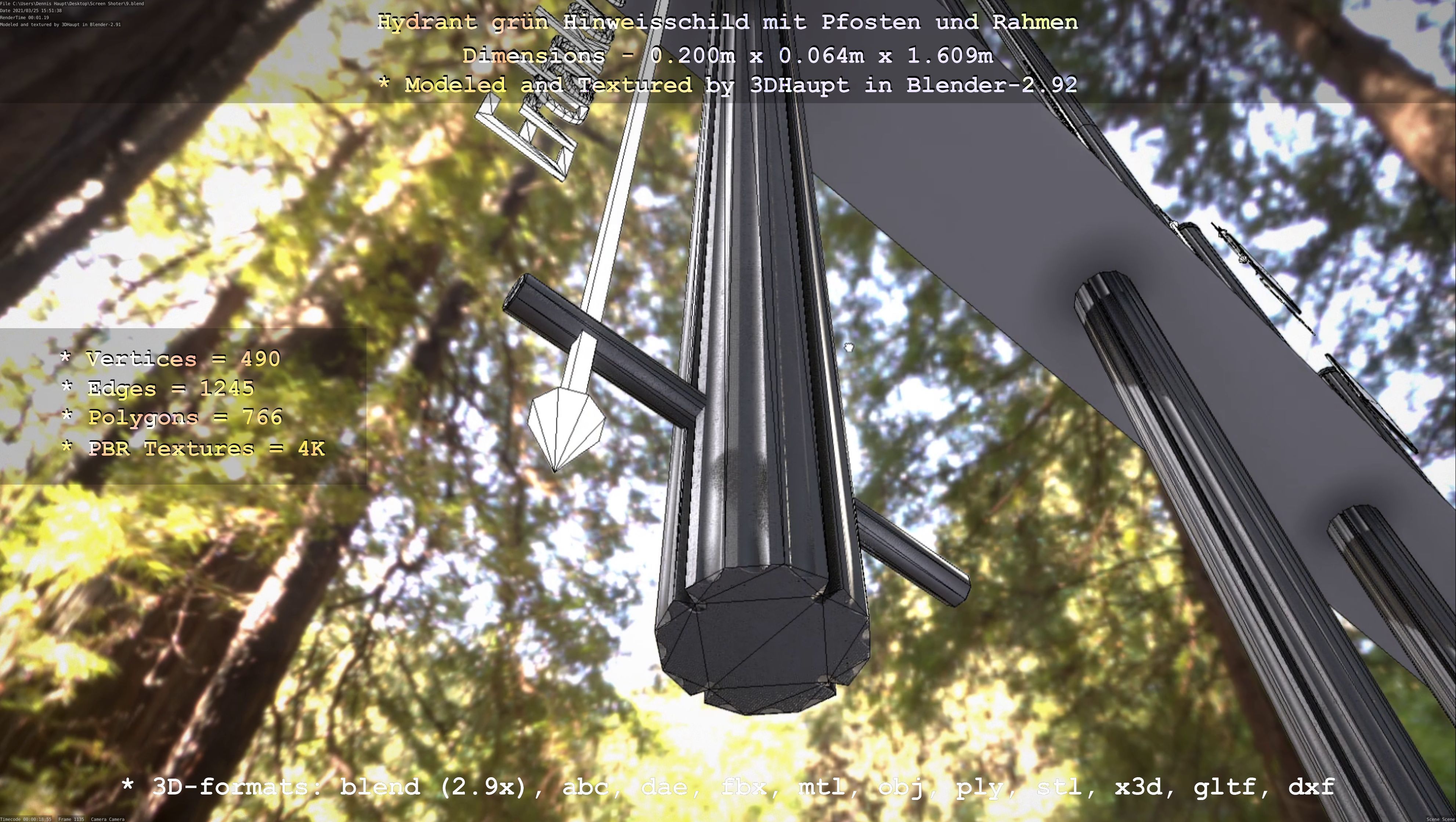 Hinweisschild Hydrant Gruen mit Pfosten und Rahmen Low-poly 3D model_118