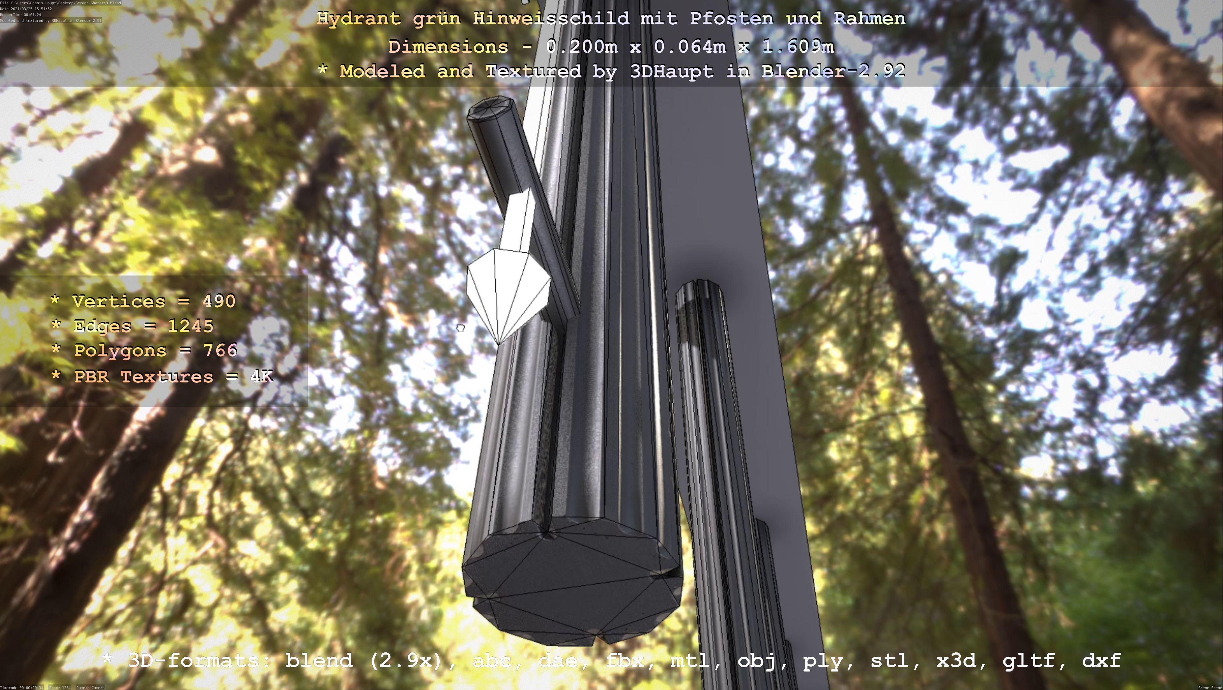 Hinweisschild Hydrant Gruen mit Pfosten und Rahmen Low-poly 3D model_10