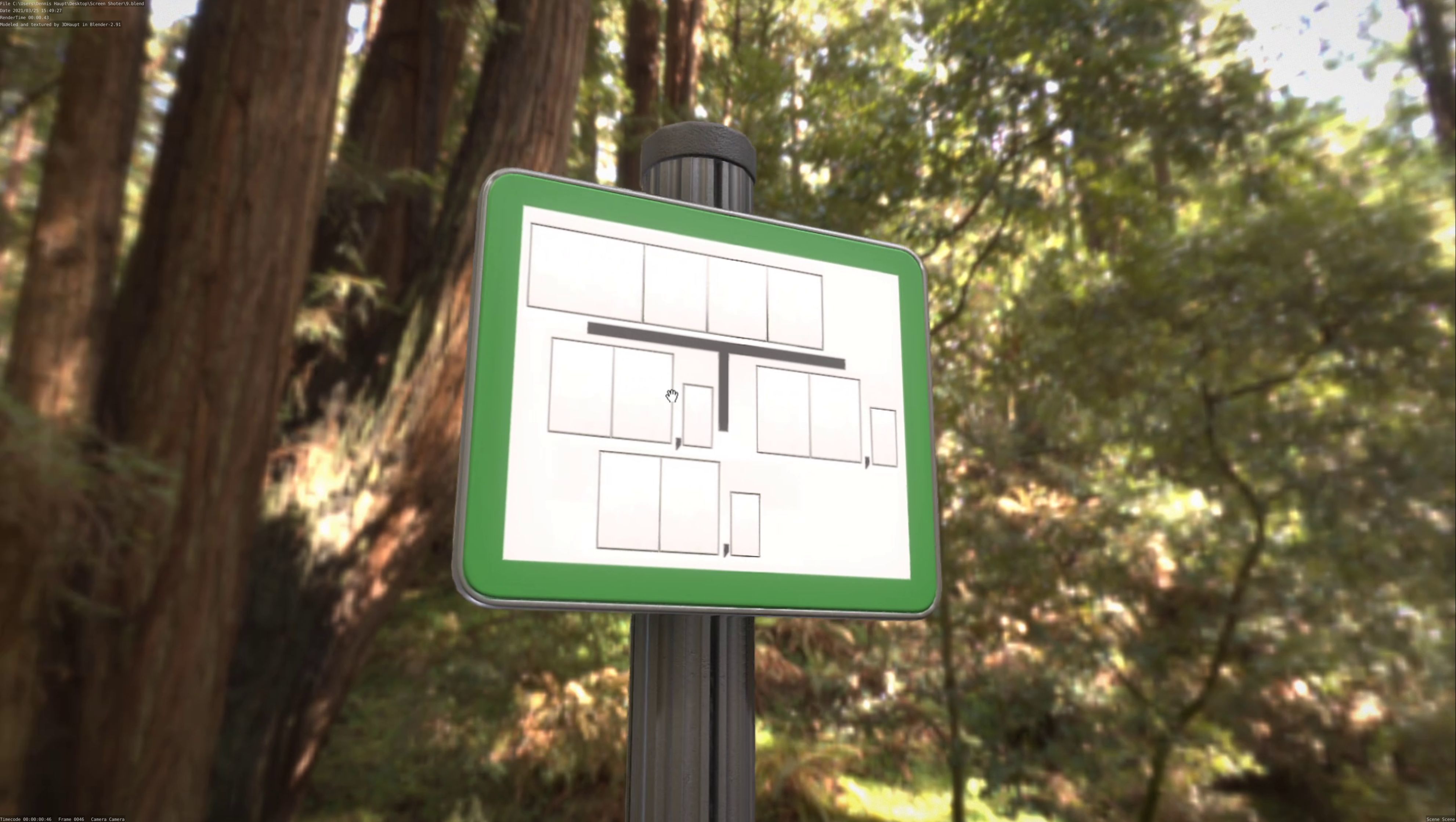 Hinweisschild Hydrant Gruen mit Pfosten und Rahmen Low-poly 3D model_29