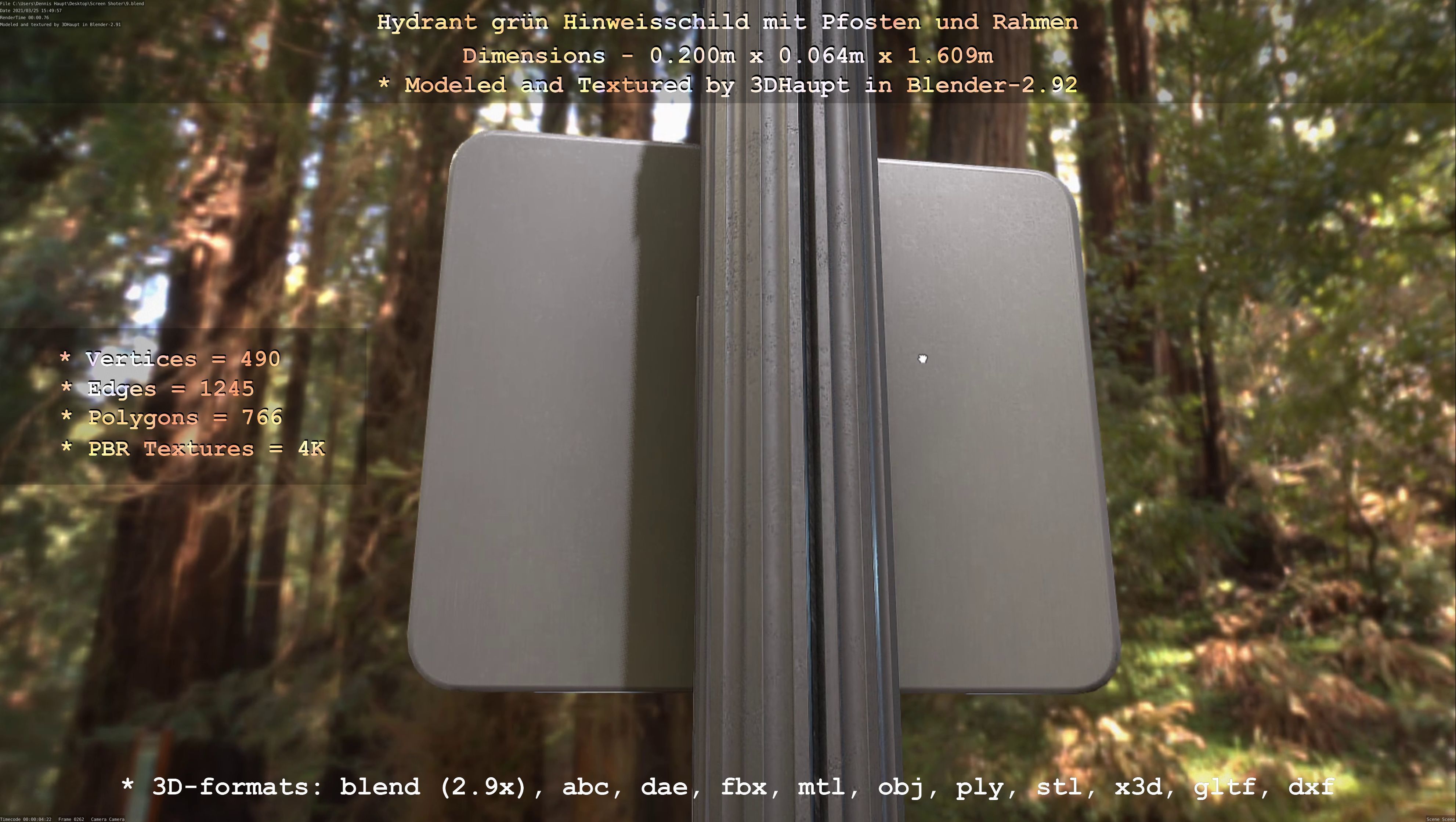 Hinweisschild Hydrant Gruen mit Pfosten und Rahmen Low-poly 3D model_32