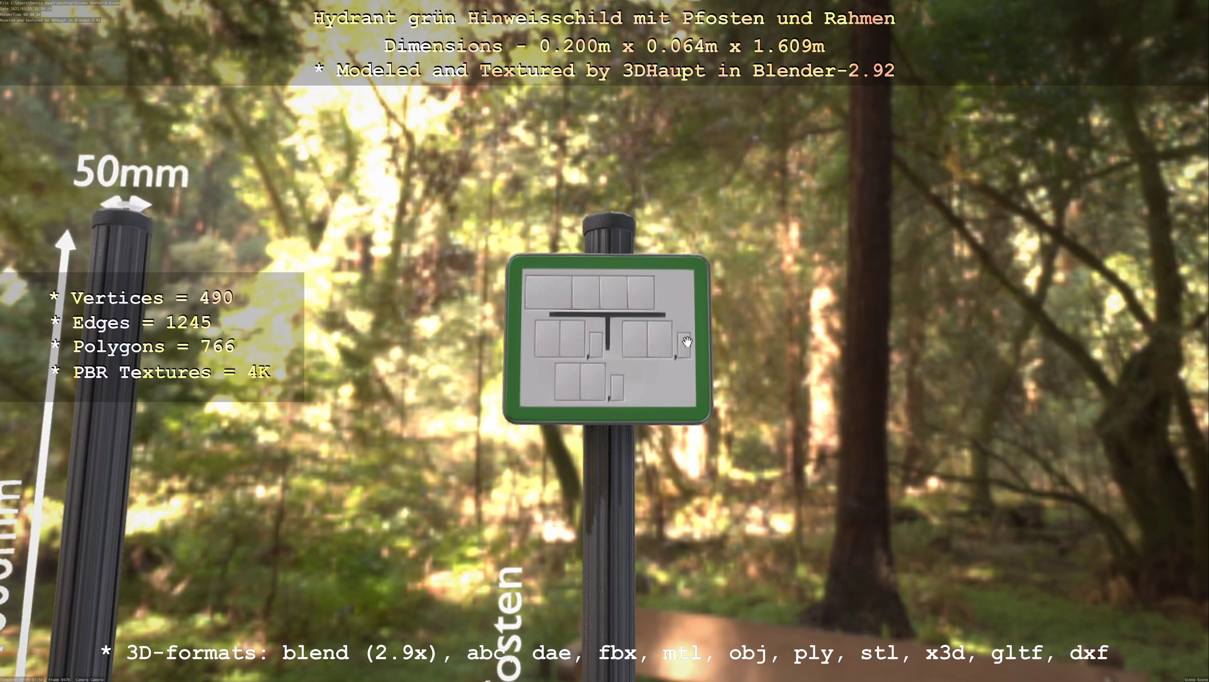 Hinweisschild Hydrant Gruen mit Pfosten und Rahmen Low-poly 3D model_35