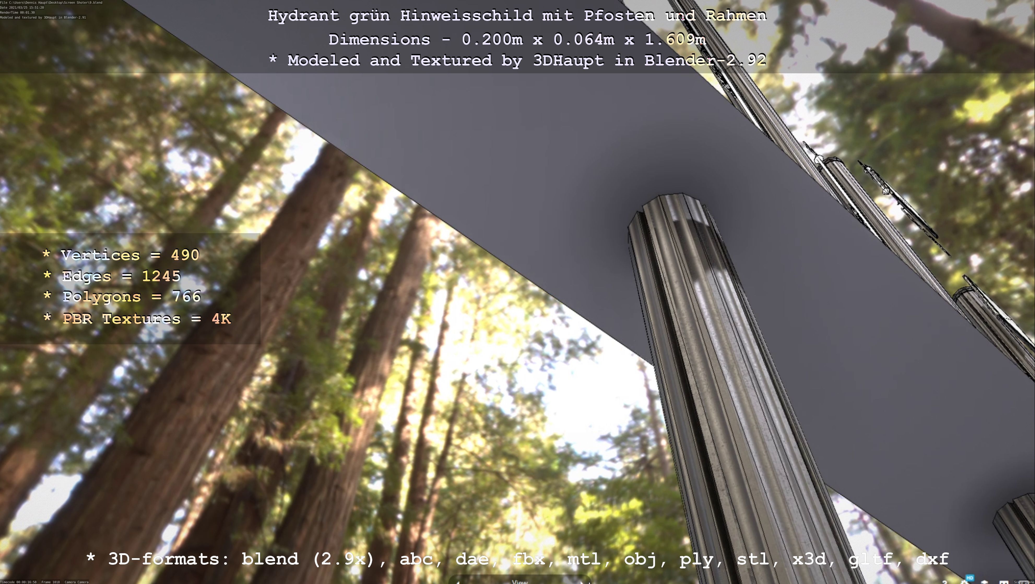 Hinweisschild Hydrant Gruen mit Pfosten und Rahmen Low-poly 3D model_14