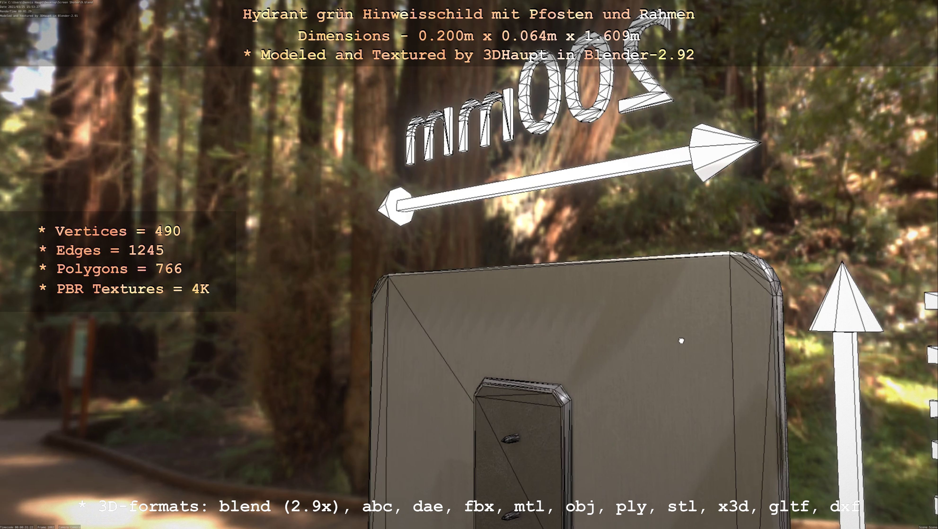 Hinweisschild Hydrant Gruen mit Pfosten und Rahmen Low-poly 3D model_43