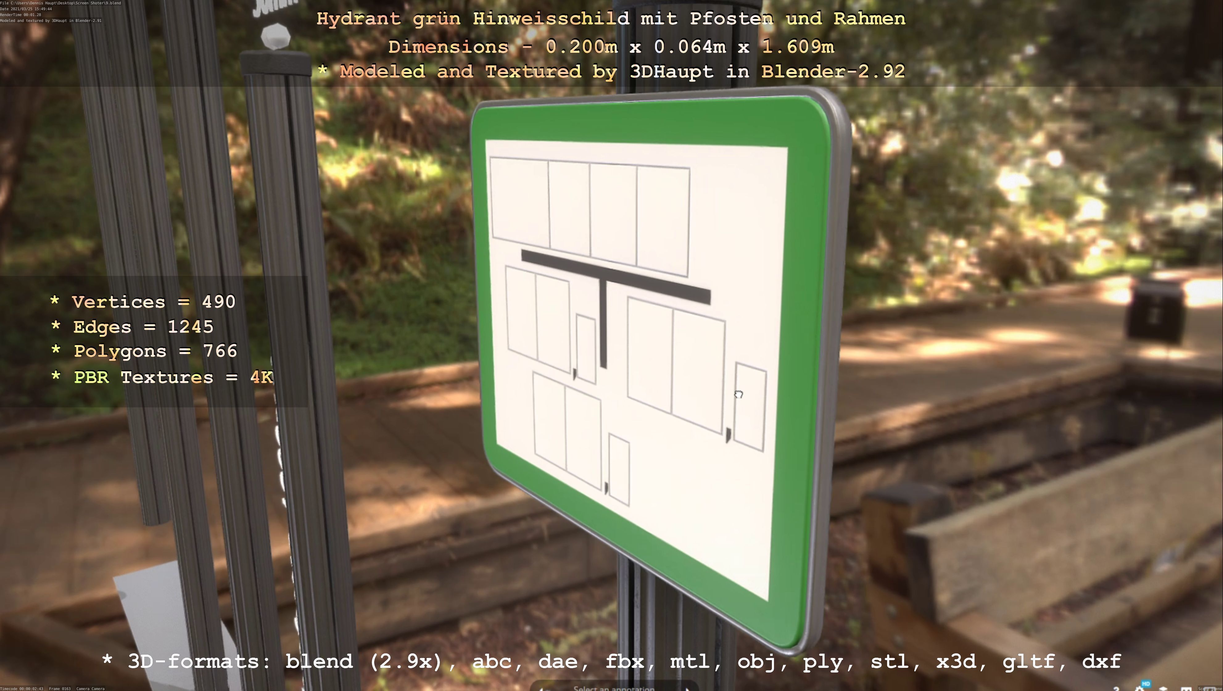 Hinweisschild Hydrant Gruen mit Pfosten und Rahmen Low-poly 3D model_7