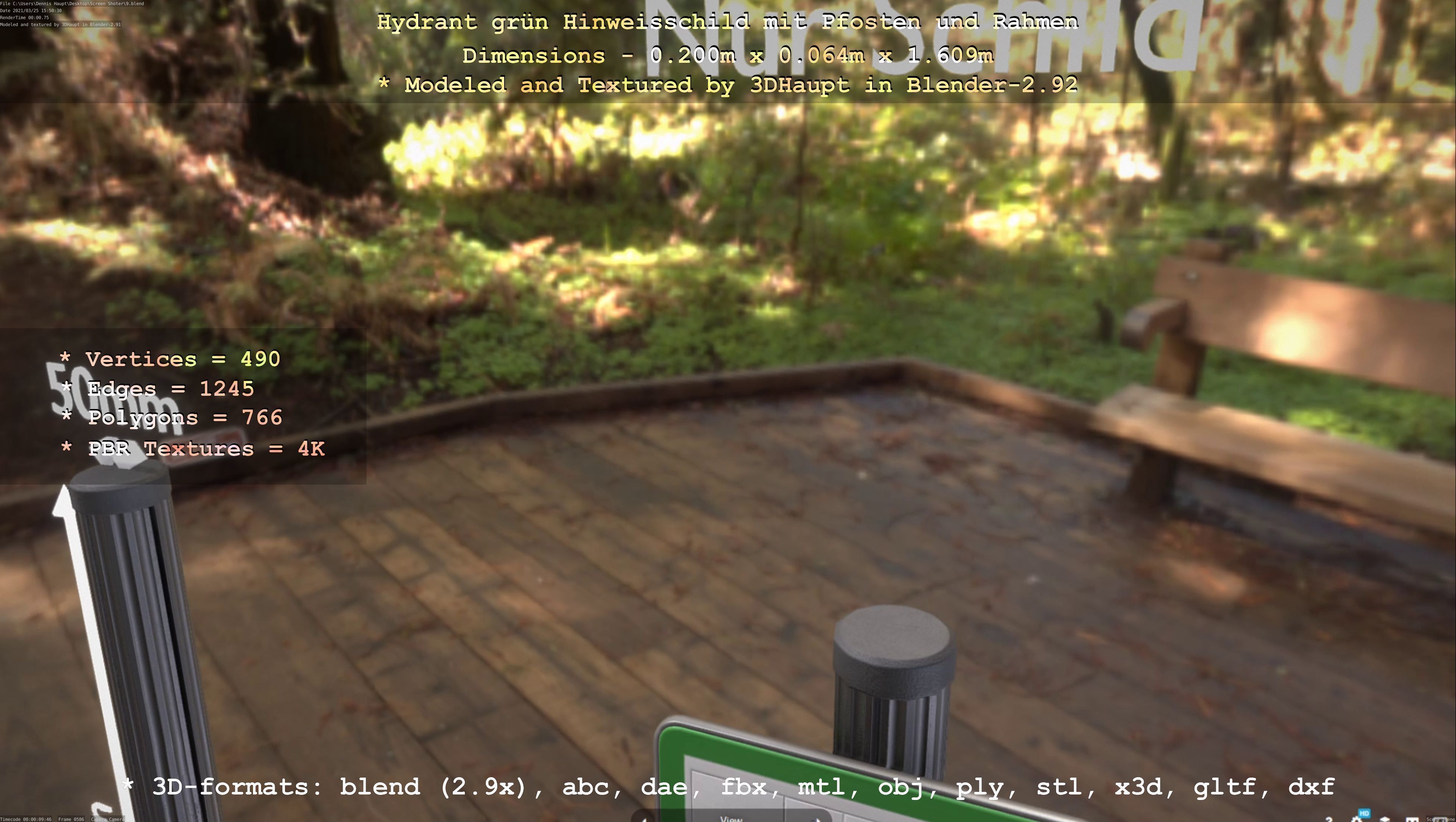 Hinweisschild Hydrant Gruen mit Pfosten und Rahmen Low-poly 3D model_99