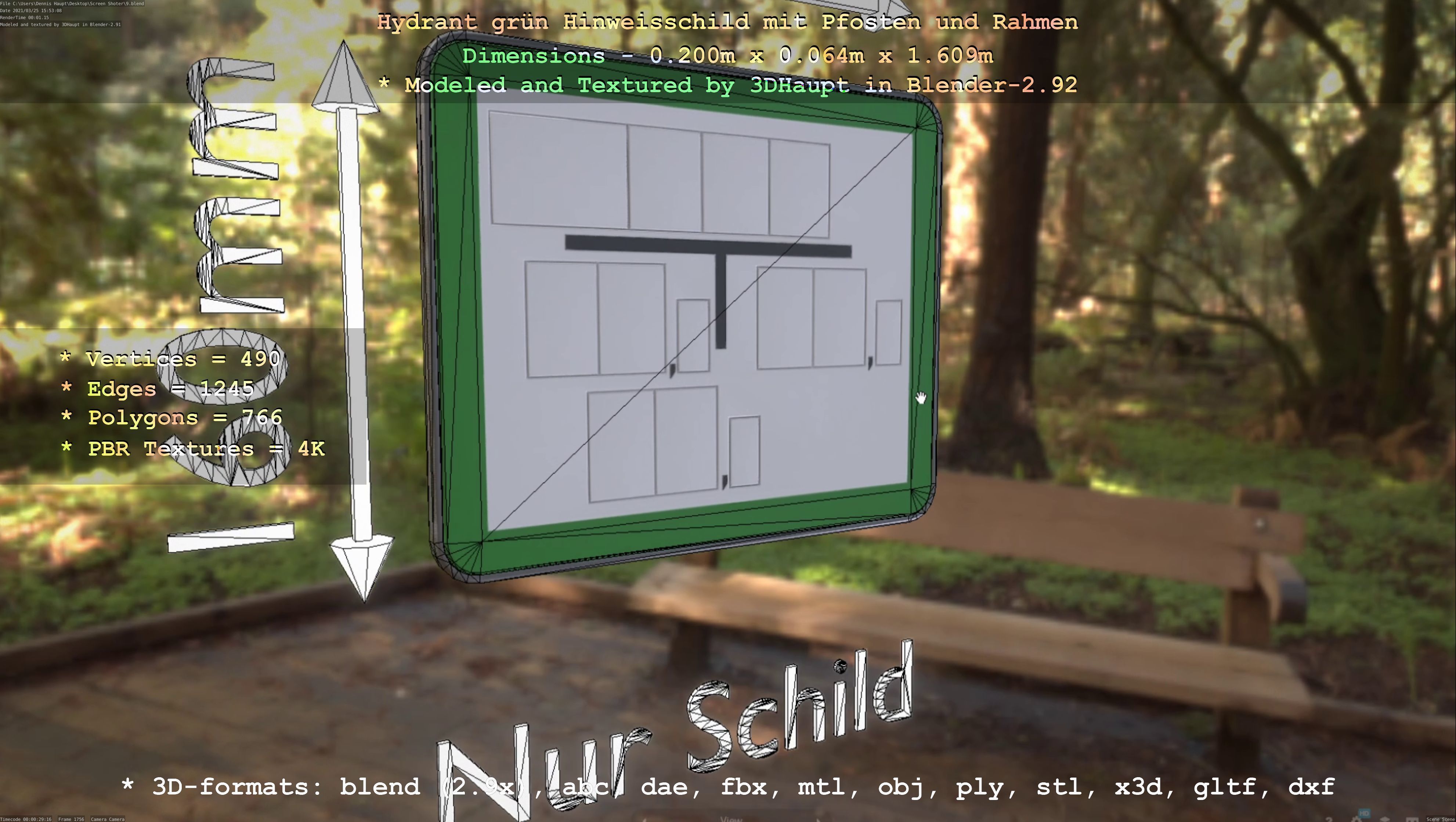 Hinweisschild Hydrant Gruen mit Pfosten und Rahmen Low-poly 3D model_71