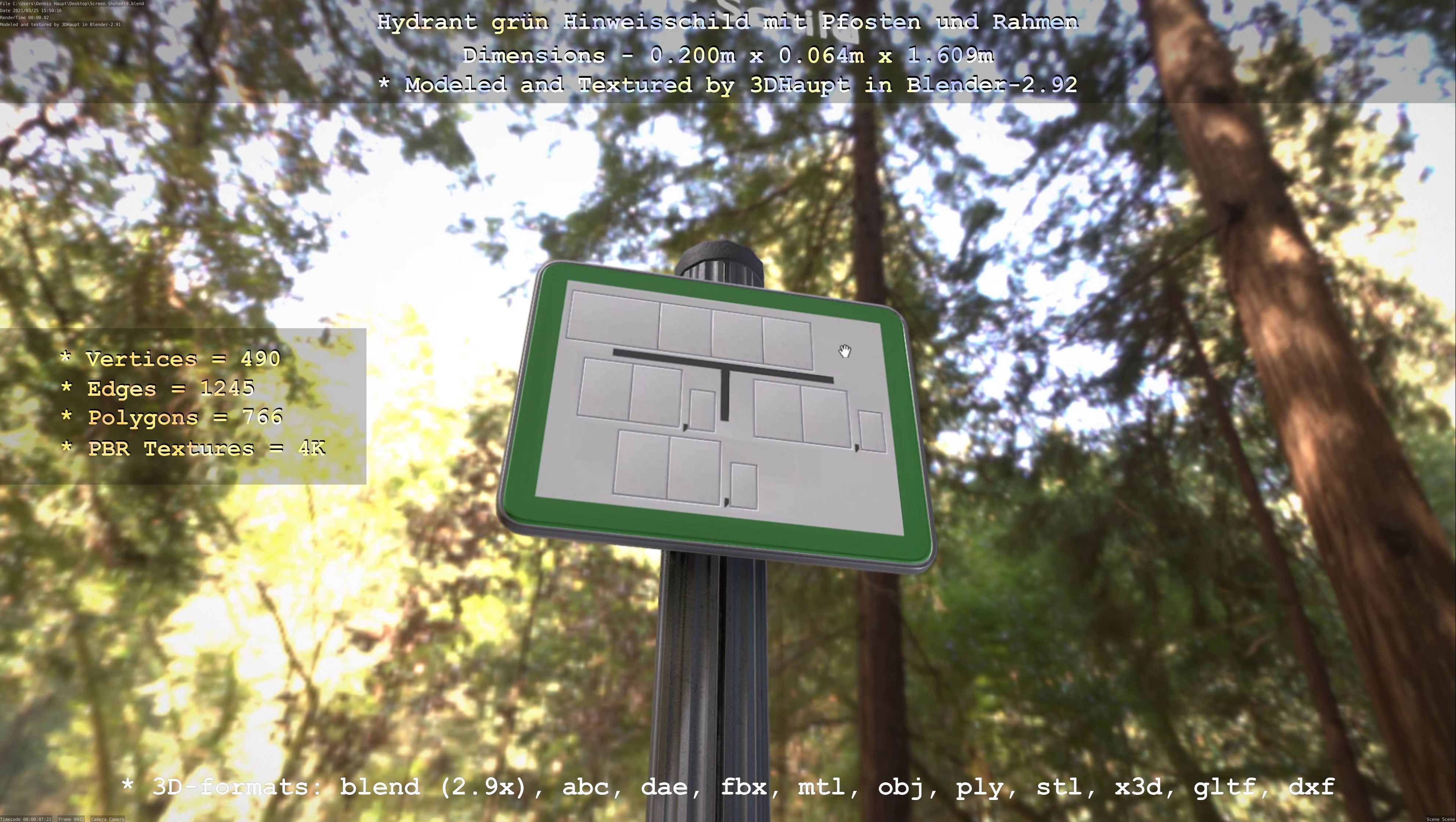 Hinweisschild Hydrant Gruen mit Pfosten und Rahmen Low-poly 3D model_88