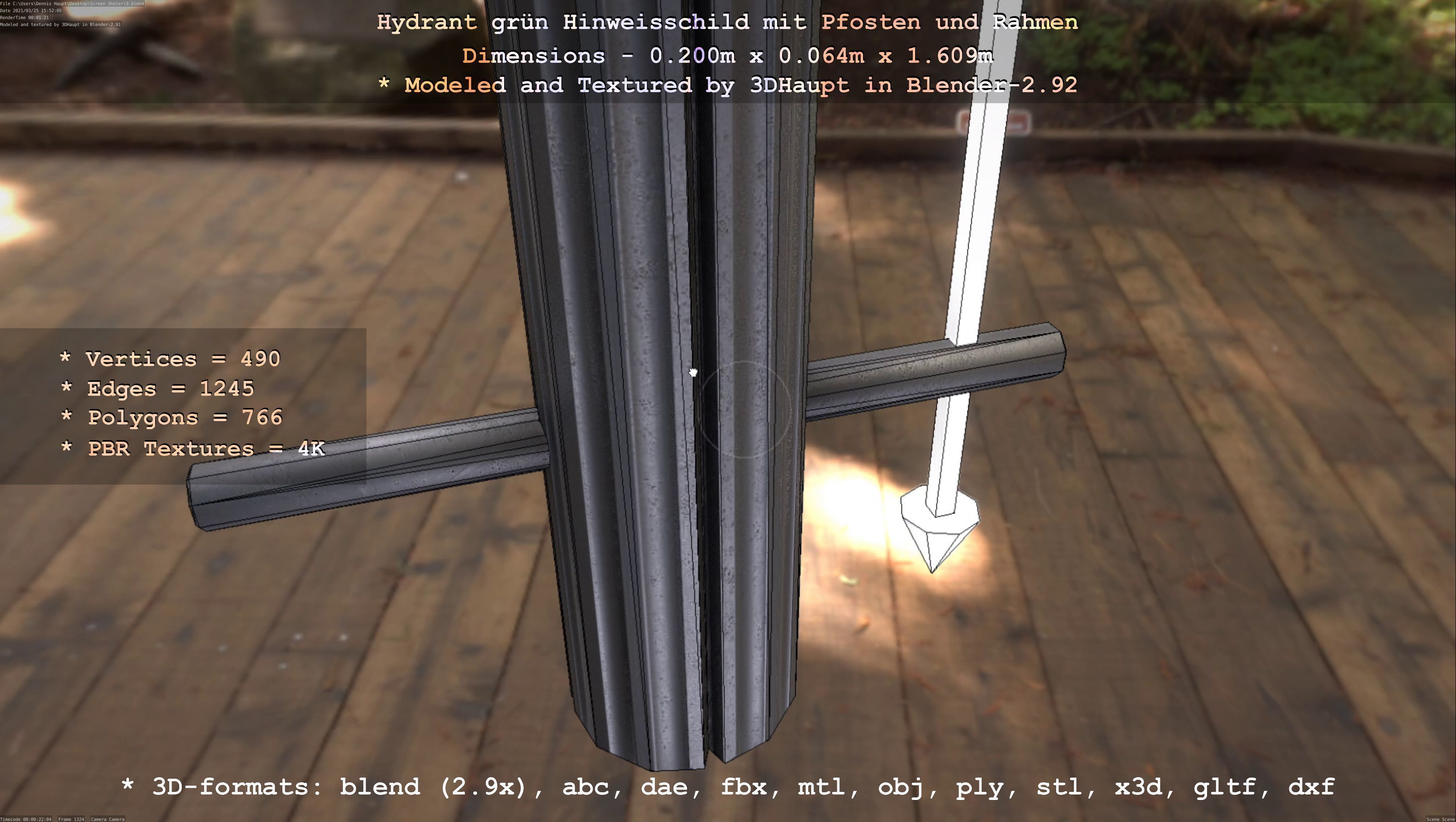 Hinweisschild Hydrant Gruen mit Pfosten und Rahmen Low-poly 3D model_53