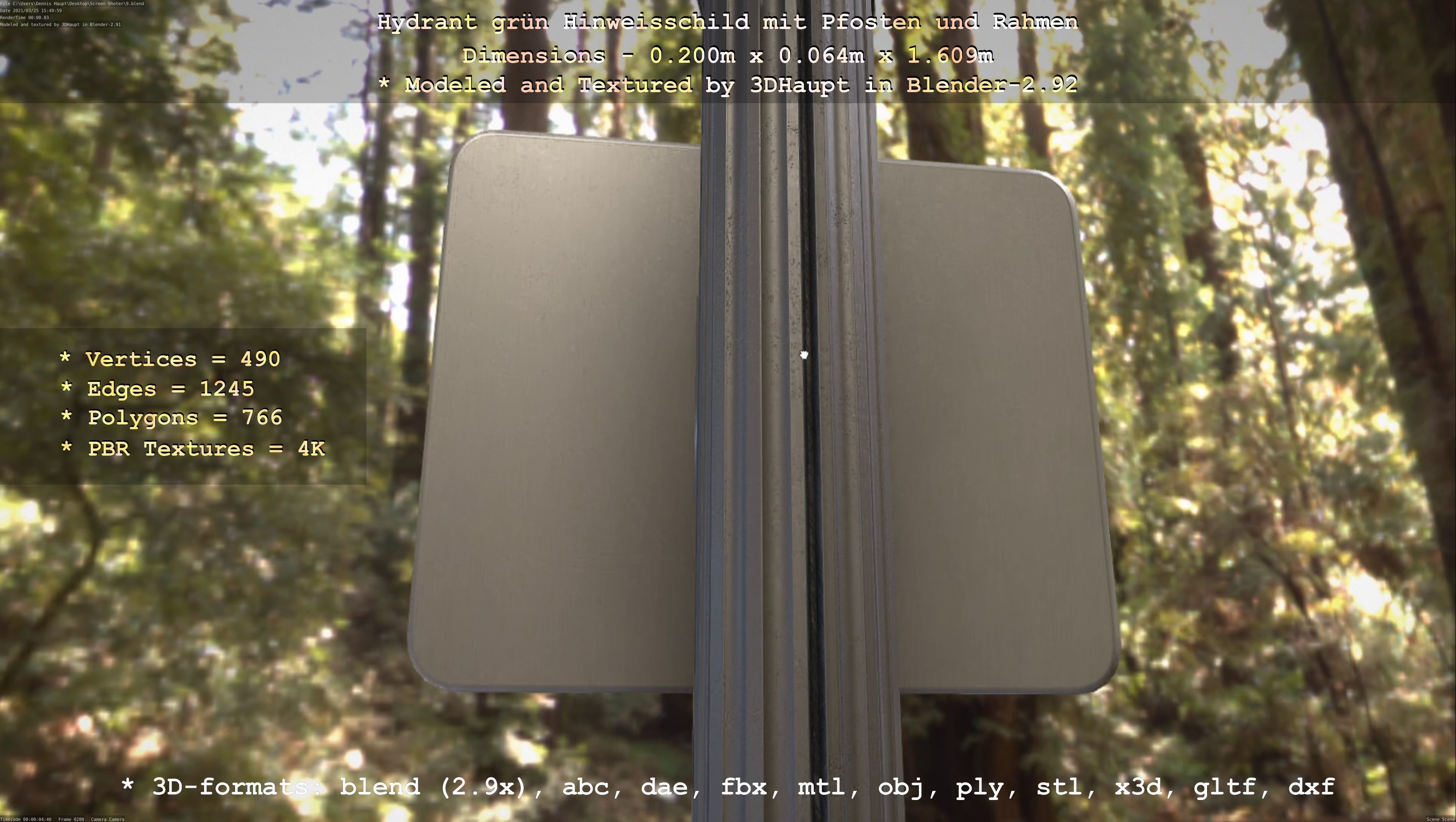 Hinweisschild Hydrant Gruen mit Pfosten und Rahmen Low-poly 3D model_80