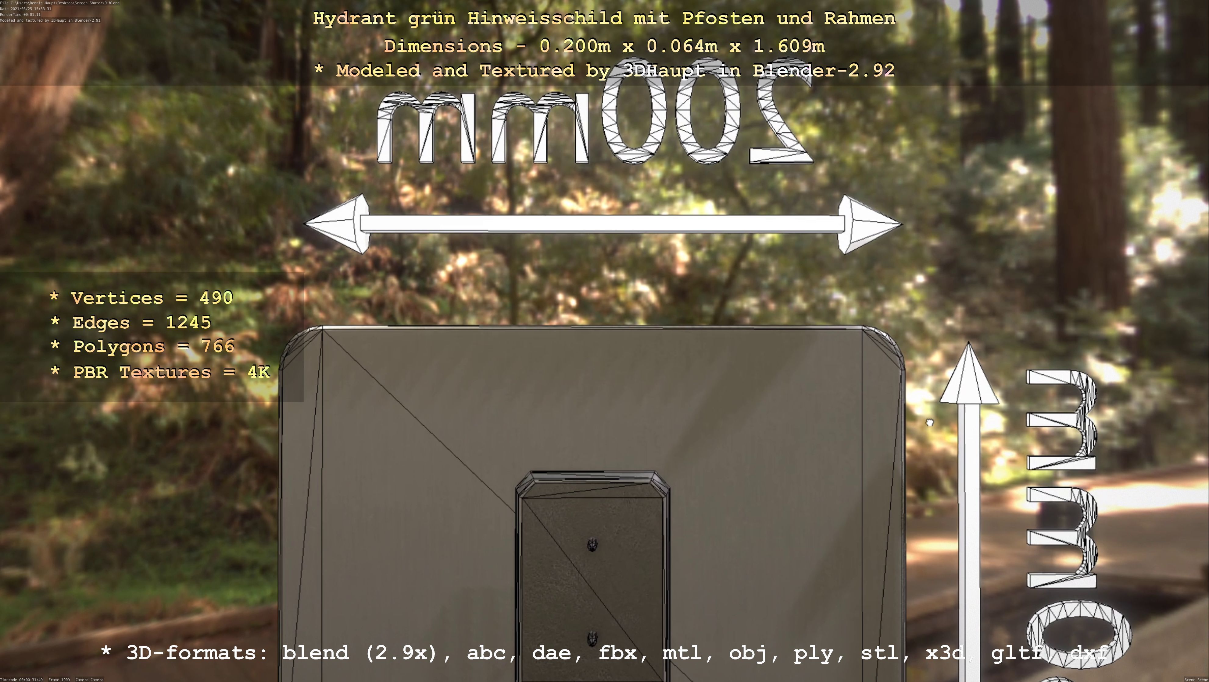 Hinweisschild Hydrant Gruen mit Pfosten und Rahmen Low-poly 3D model_38