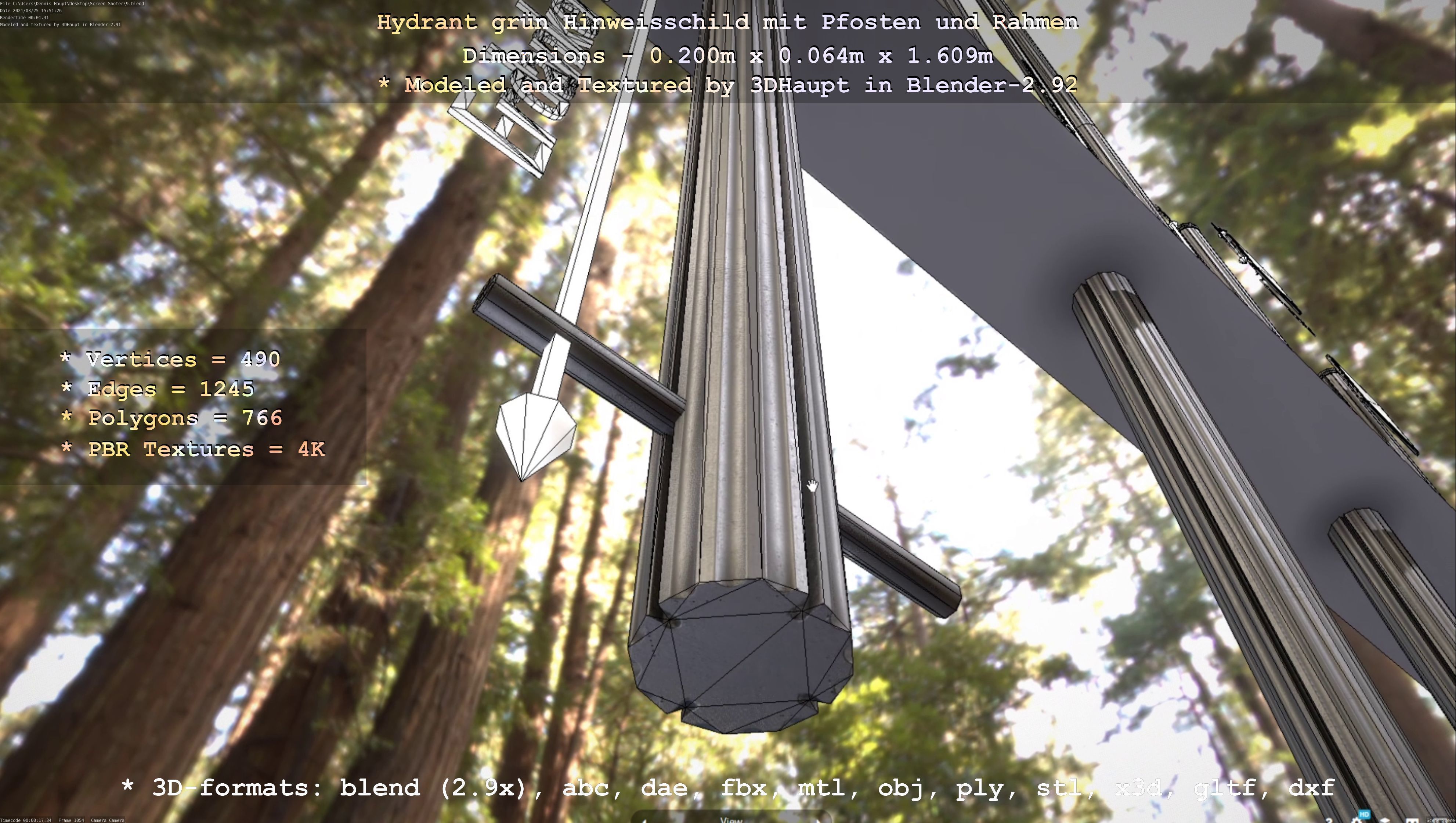 Hinweisschild Hydrant Gruen mit Pfosten und Rahmen Low-poly 3D model_112