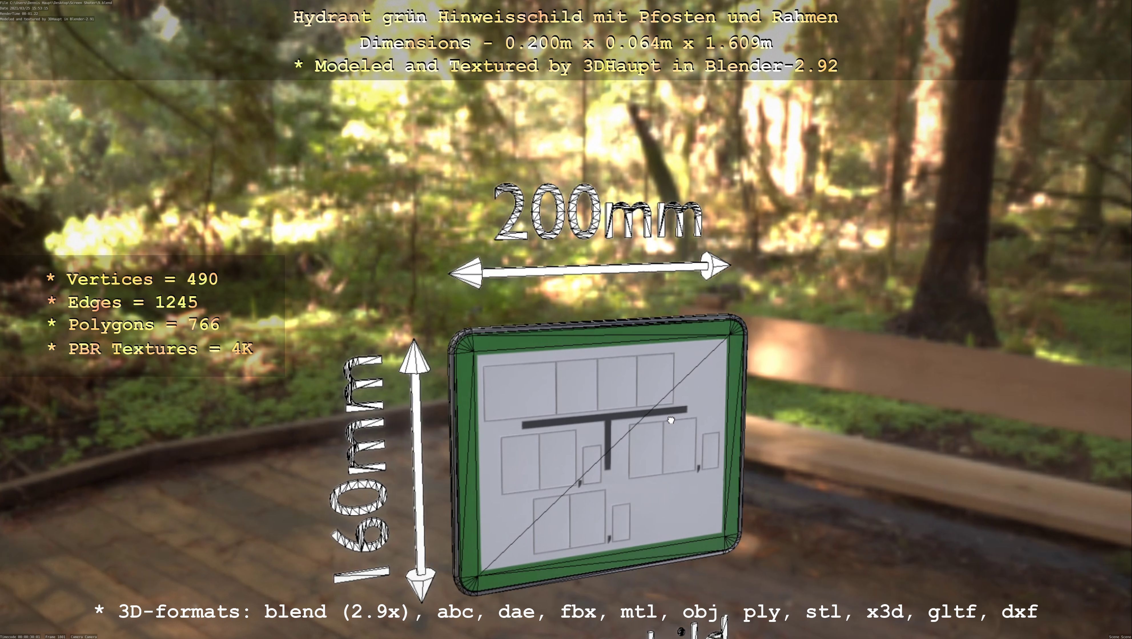 Hinweisschild Hydrant Gruen mit Pfosten und Rahmen Low-poly 3D model_58