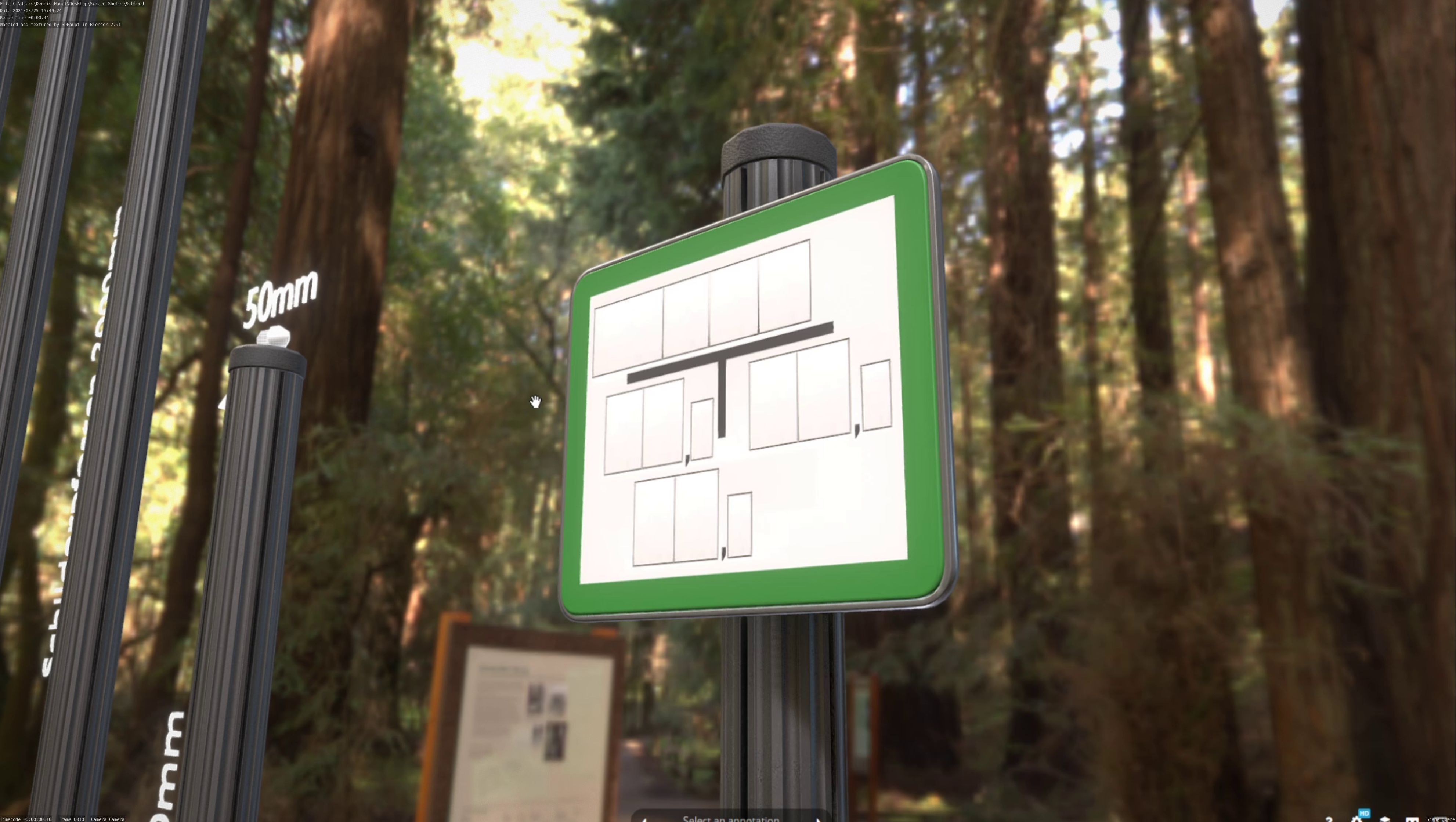 Hinweisschild Hydrant Gruen mit Pfosten und Rahmen Low-poly 3D model_74