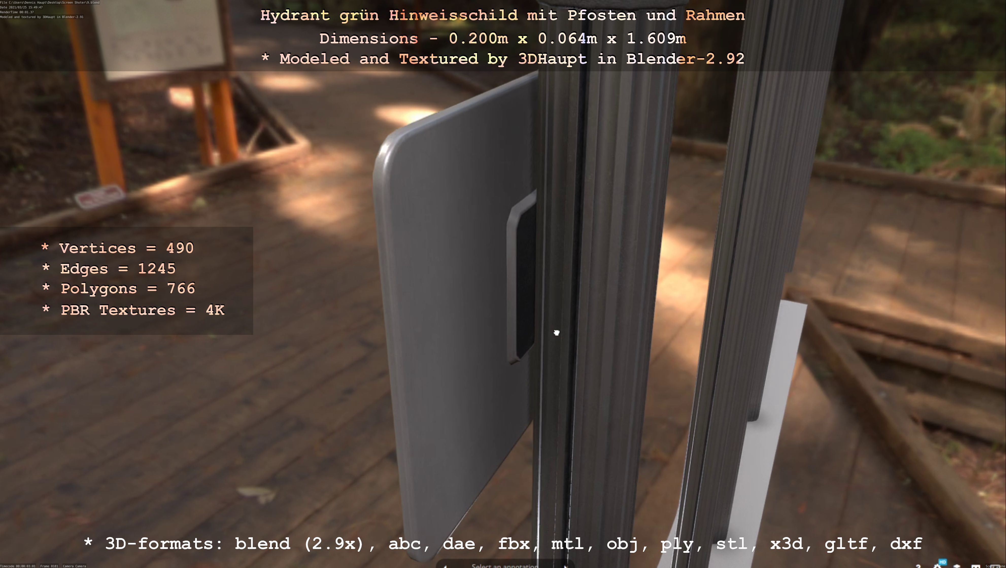 Hinweisschild Hydrant Gruen mit Pfosten und Rahmen Low-poly 3D model_82