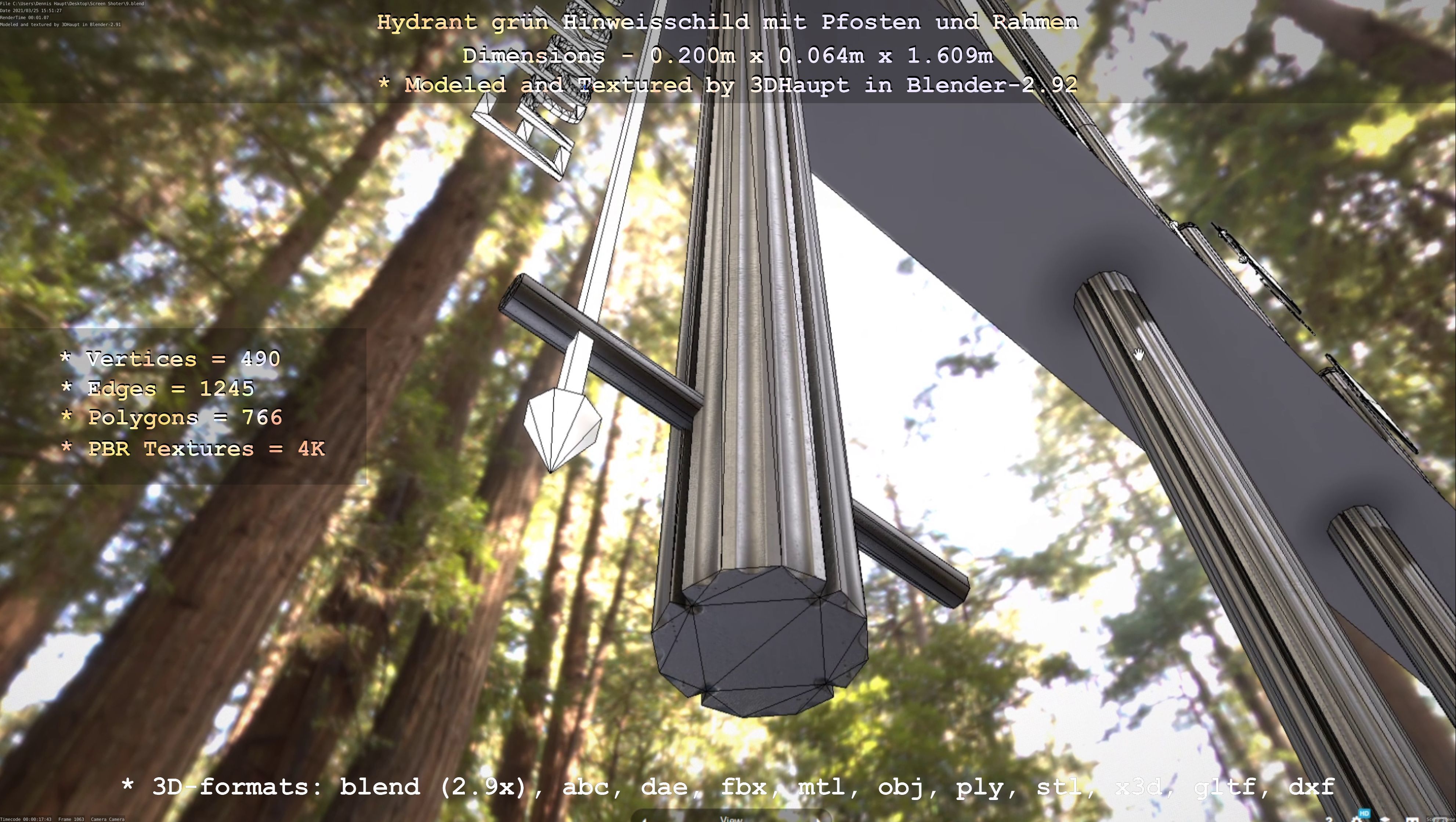 Hinweisschild Hydrant Gruen mit Pfosten und Rahmen Low-poly 3D model_119