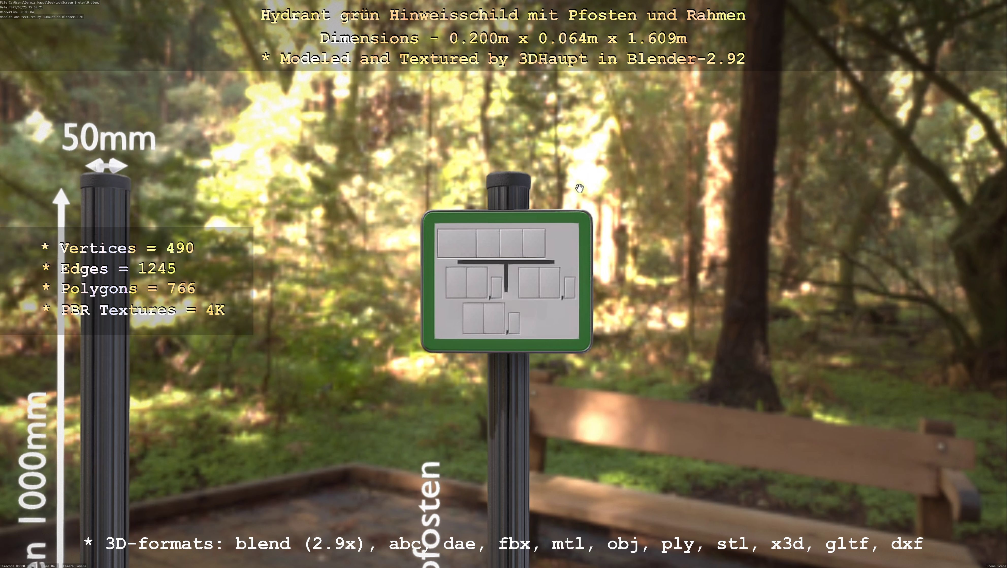 Hinweisschild Hydrant Gruen mit Pfosten und Rahmen Low-poly 3D model_90