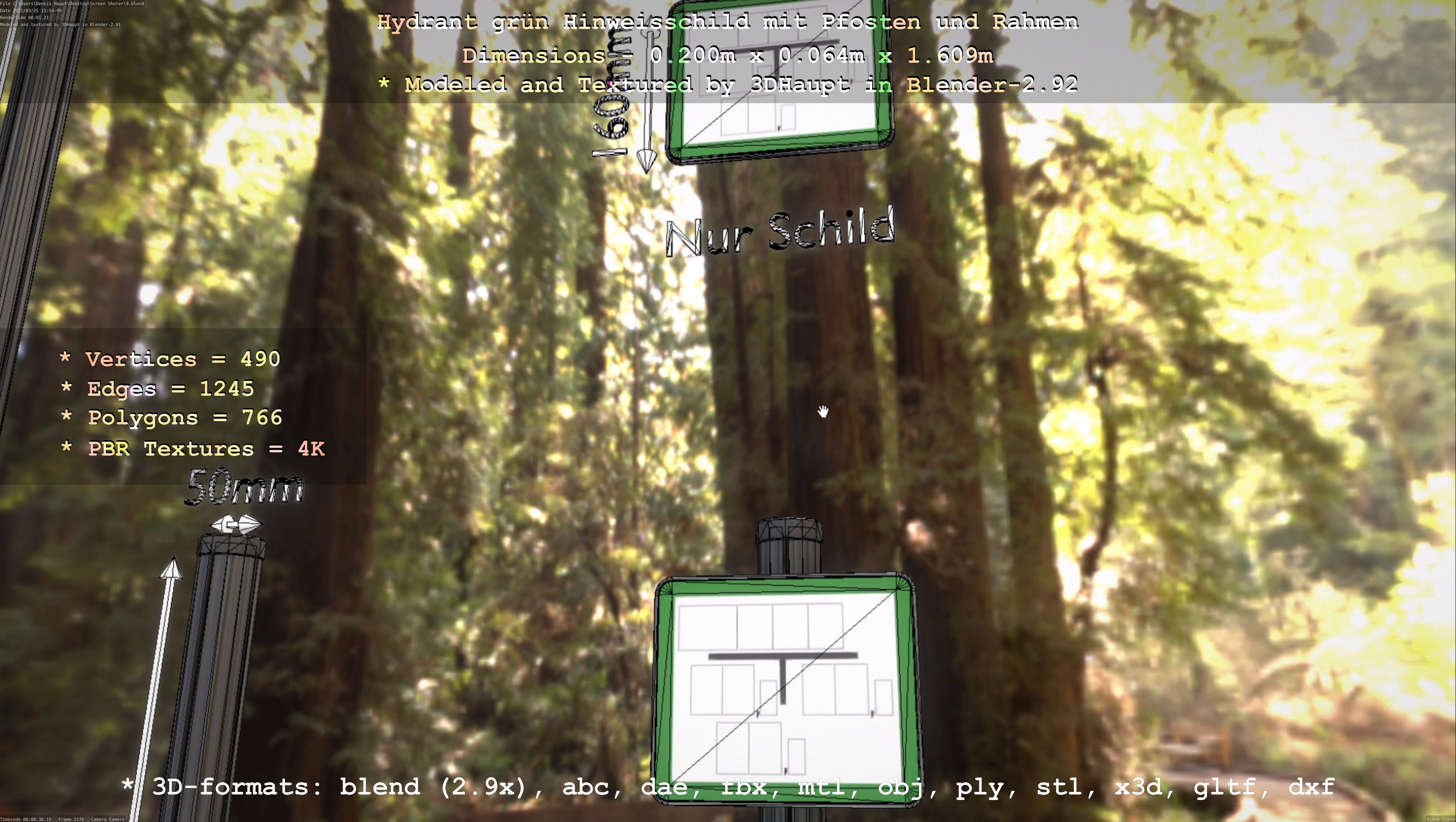 Hinweisschild Hydrant Gruen mit Pfosten und Rahmen Low-poly 3D model_69